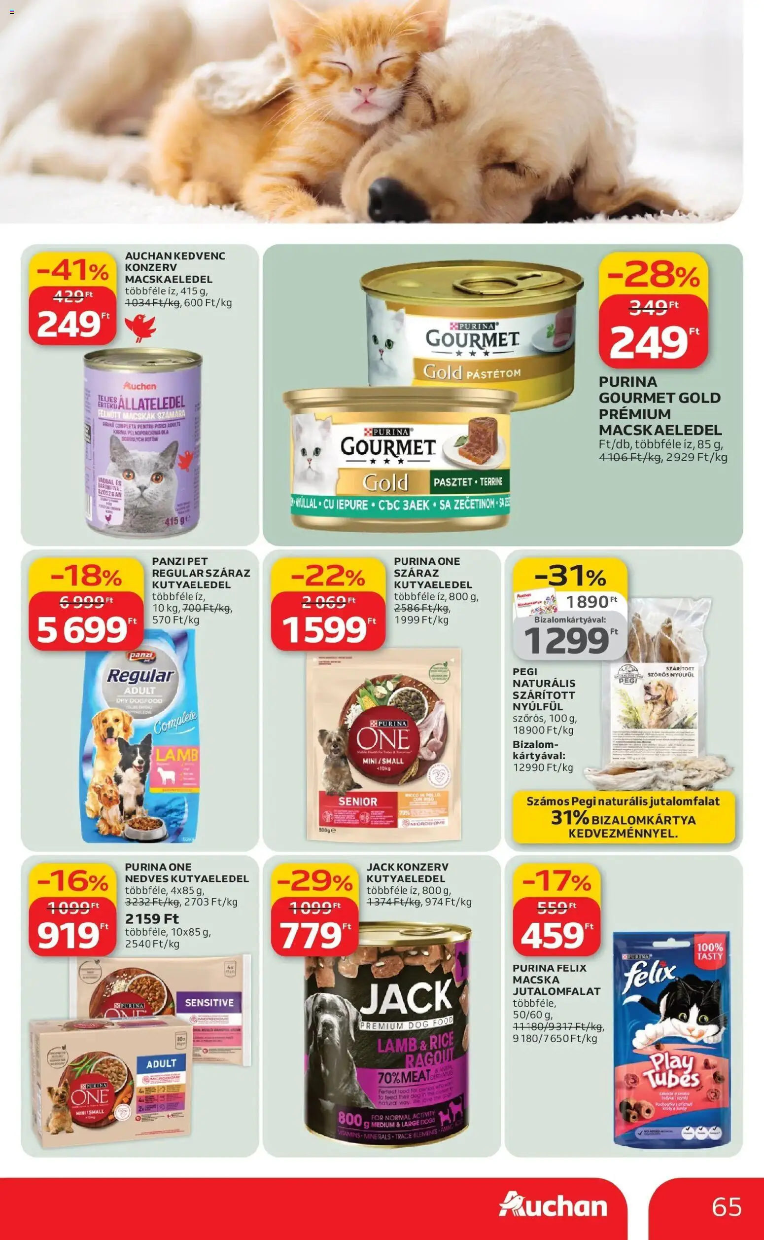 Auchan akciós ujság - amely érvényes a következő dátumtól: 12.03.2026 | Oldal: 65 | Termékek: Macskaeledel, Kutyaeledel, Purina one, Pástétom