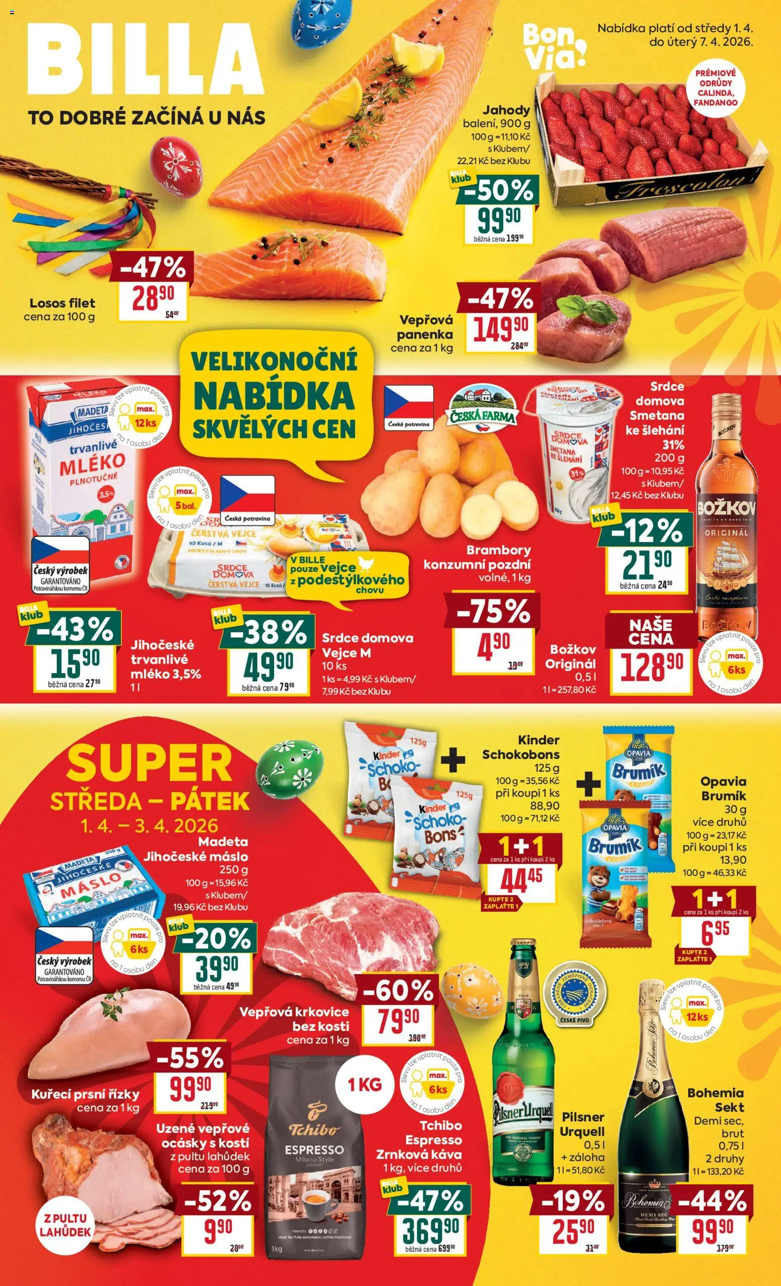 Billa Malý leták od 01.04.2026 | Strana: 1 | Produkty: Vejce, Smetana, Losos, Jihočeské máslo