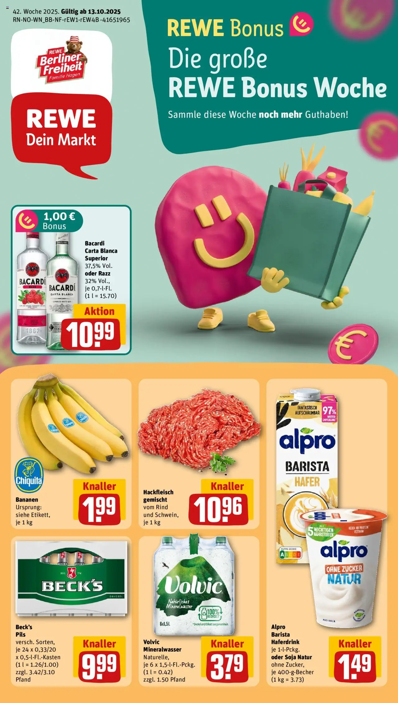 Rewe Prospekt 	 – gültig ab 13.10.2025 | Seite: 1 | Produkte: Bacardi, Bananen, Mineralwasser, Hackfleisch
