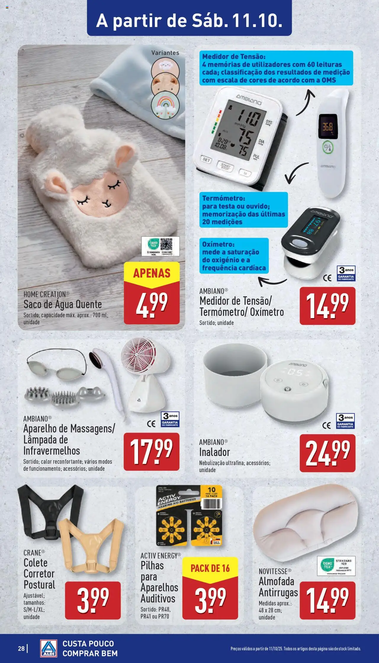 Aldi folheto │ válido de 06.10.2025 | Página: 28 | Produtos: Termómetro, Almofada, Pilhas, Colete