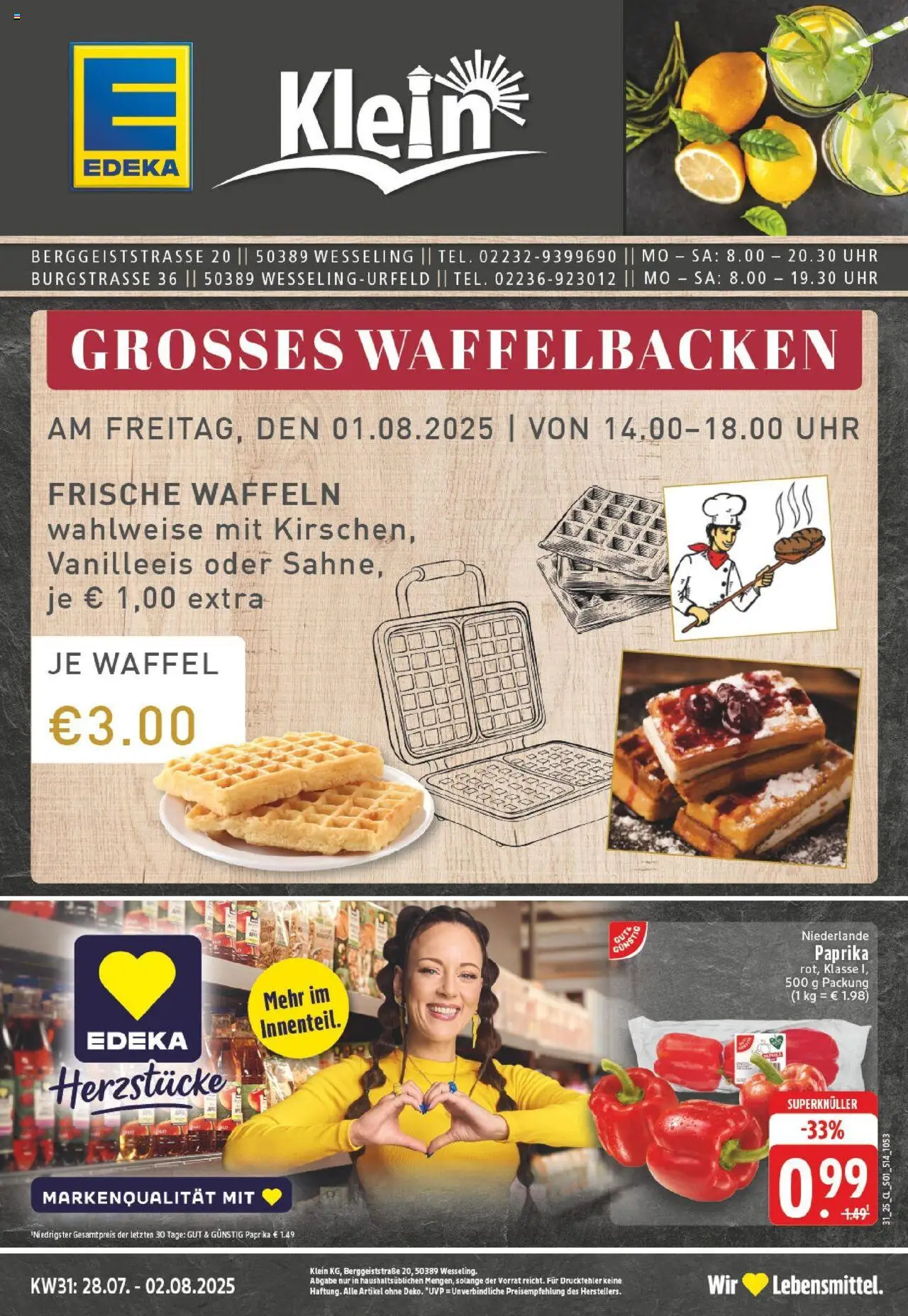 Edeka prospekt Wesseling-Berzdorf	 - gültig ab dem 27.07.2025 | Seite: 1 | Produkte: Waffeln, Paprika, Uhr