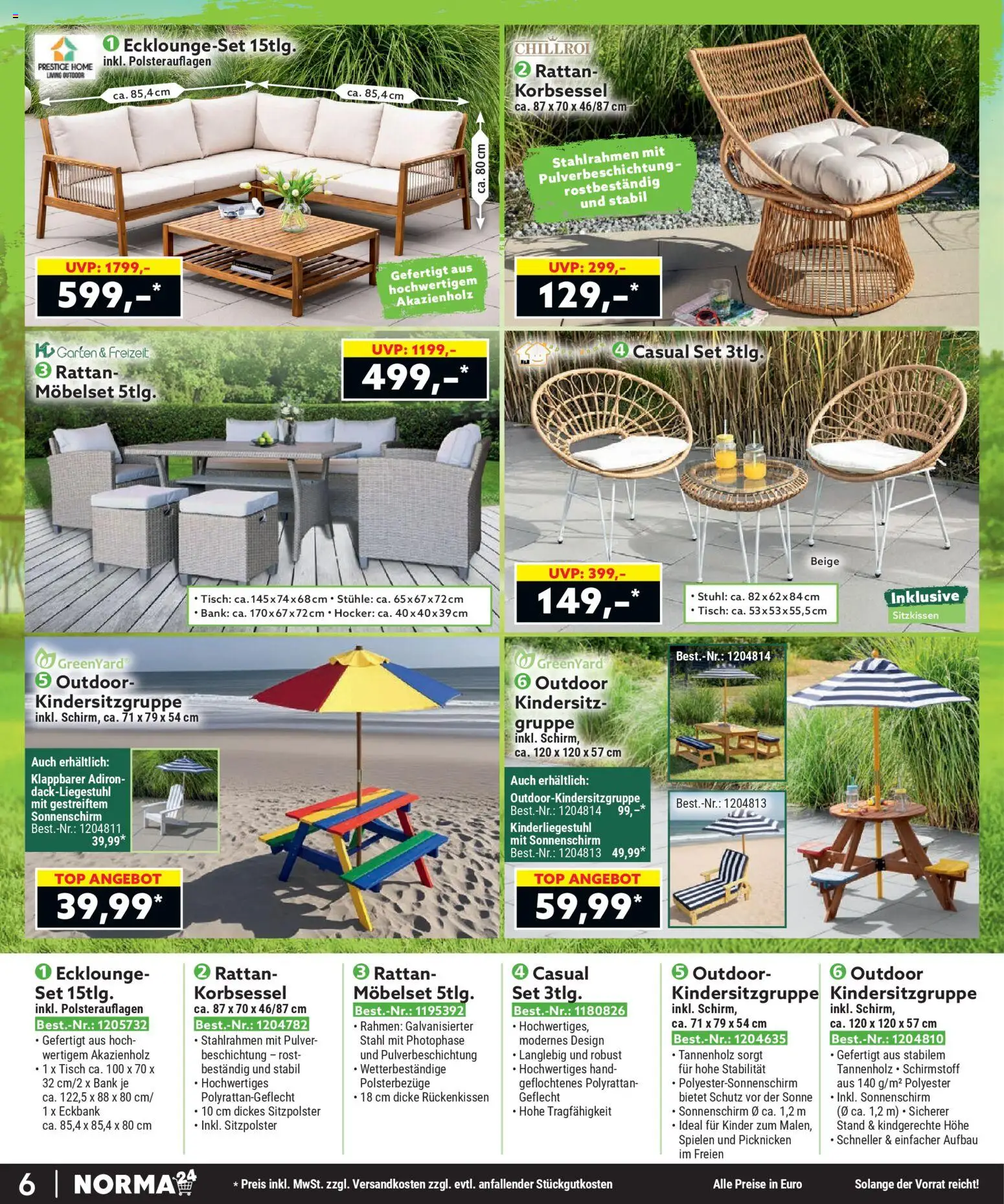 Norma Bestellmagazin April 2026 – gültig ab 01.04.2026 | Seite: 6 | Produkte: Eckbank, Tisch, Stuhl, Sonnenschirm