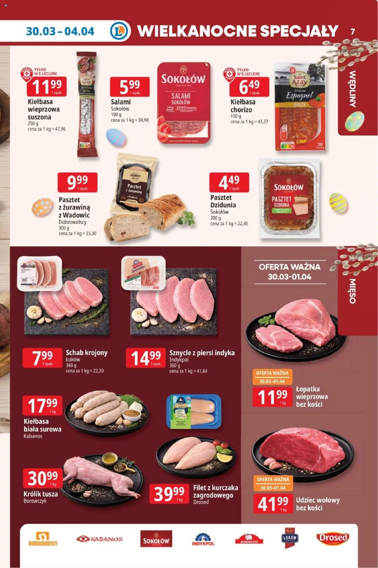 E.Leclerc gazetka od 30.03.2026 | Strona: 7 | Produkty: Kiełbasa, Piersi, Żurawina, Salami