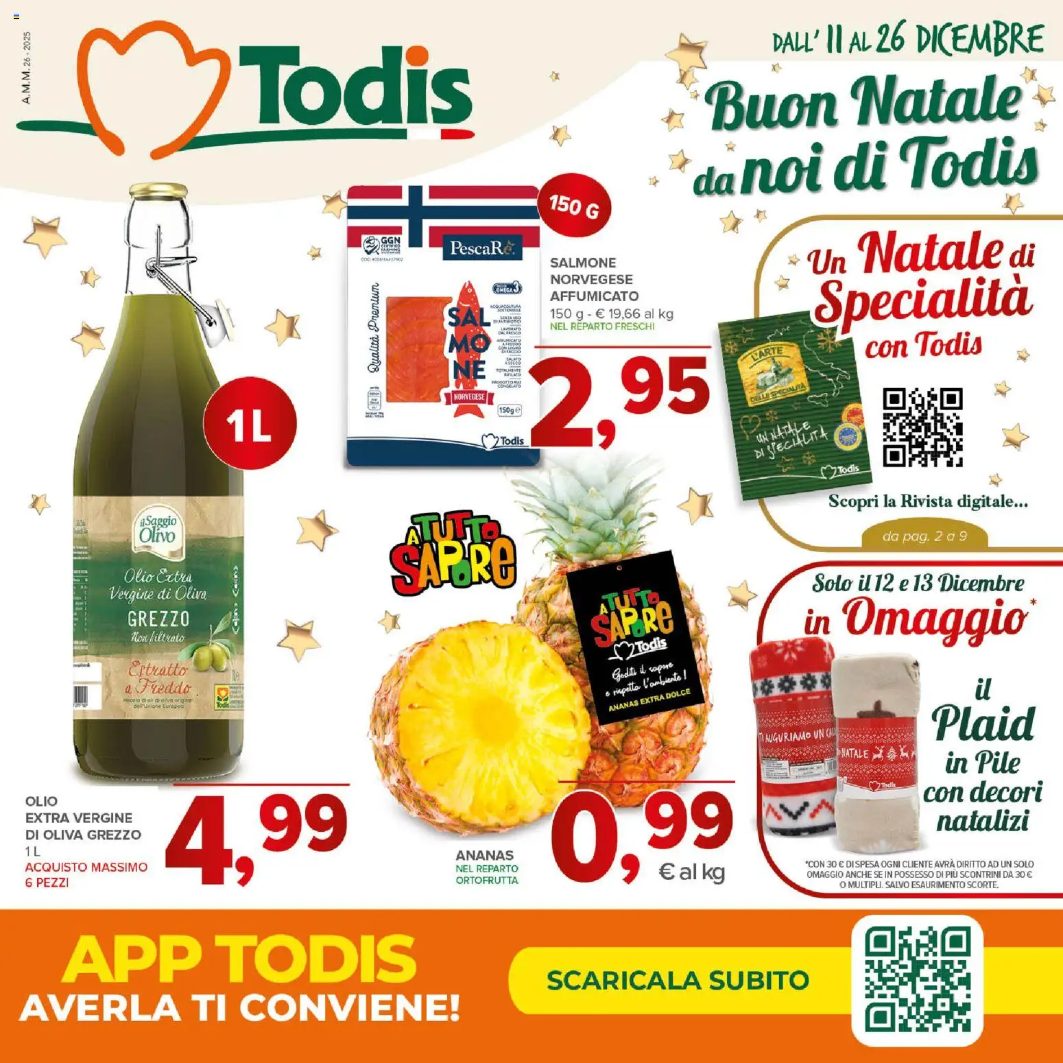 Volantino Todis del 11.12.2025 | Pagina: 1 | Prodotti: Pile, Plaid, Salmone, Ananas