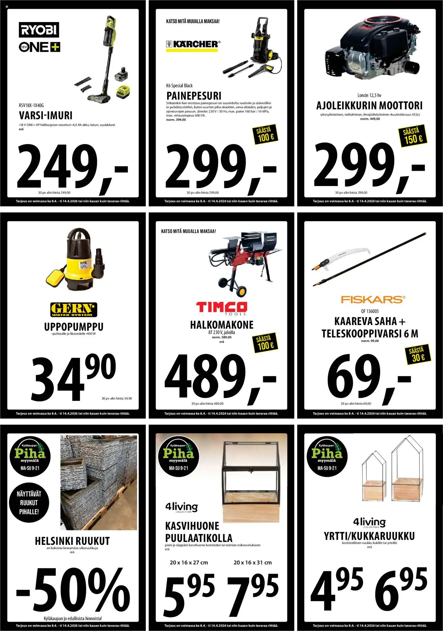 Tuuri tarjoukset – voimassa 08.04.2026 alkaen | Sivu: 21 | Tuotteet: Kasvihuone, Painepesuri, Akku