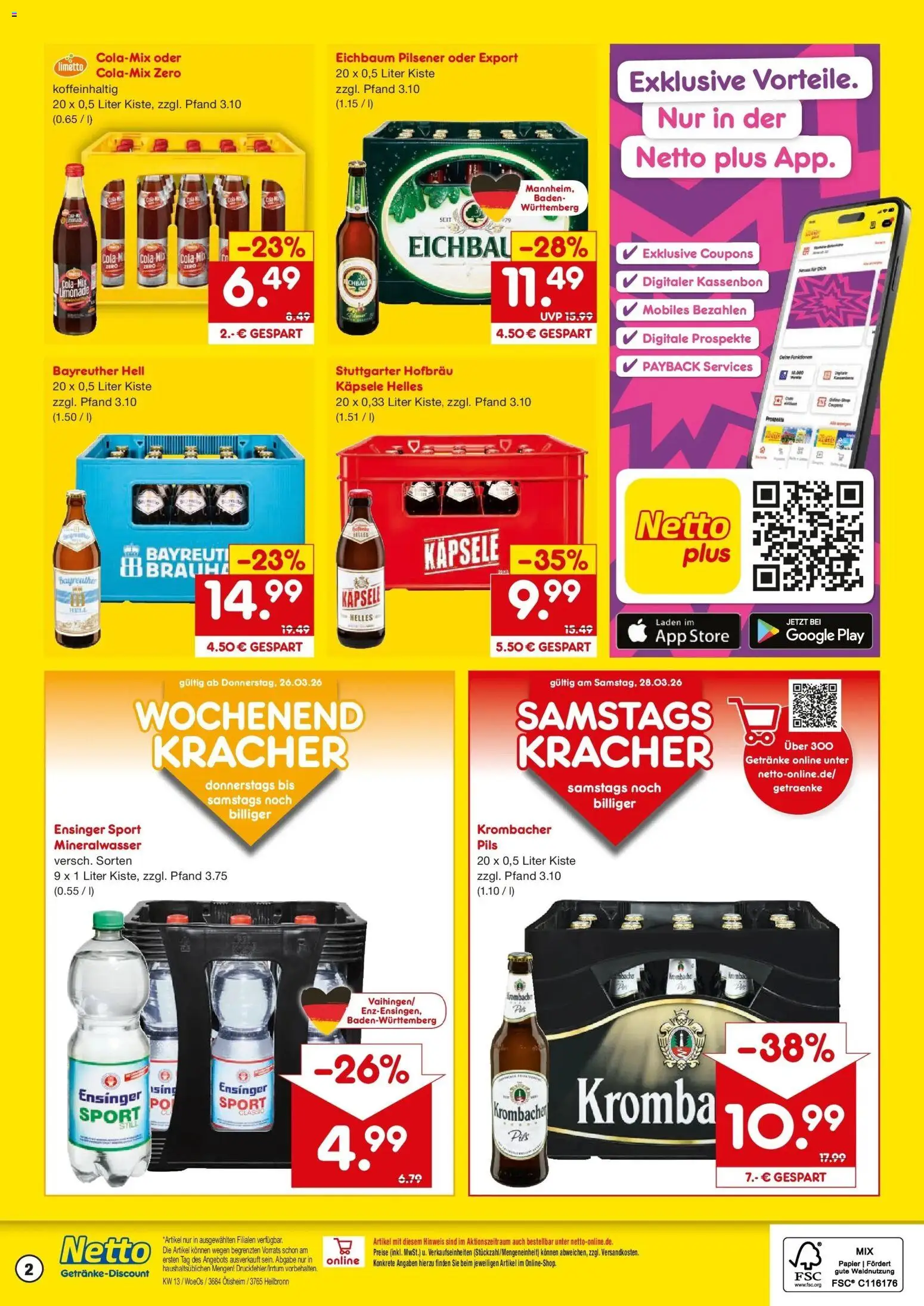 Netto Marken-Discount Prospekt Ötisheim	 – gültig ab 23.03.2026 | Seite: 2 | Produkte: Bayreuther hell, Cola, Limonade, Krombacher