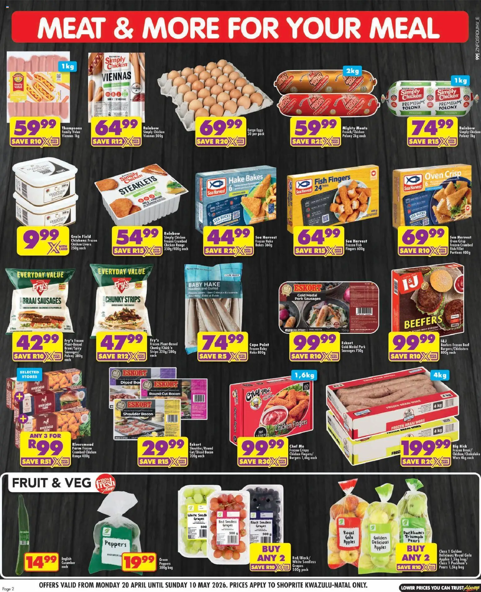 New Shoprite catalogue – valid from 20.04.2026 | Page: 2 | Products: Chicken, Burgers, Fruit, Fry's