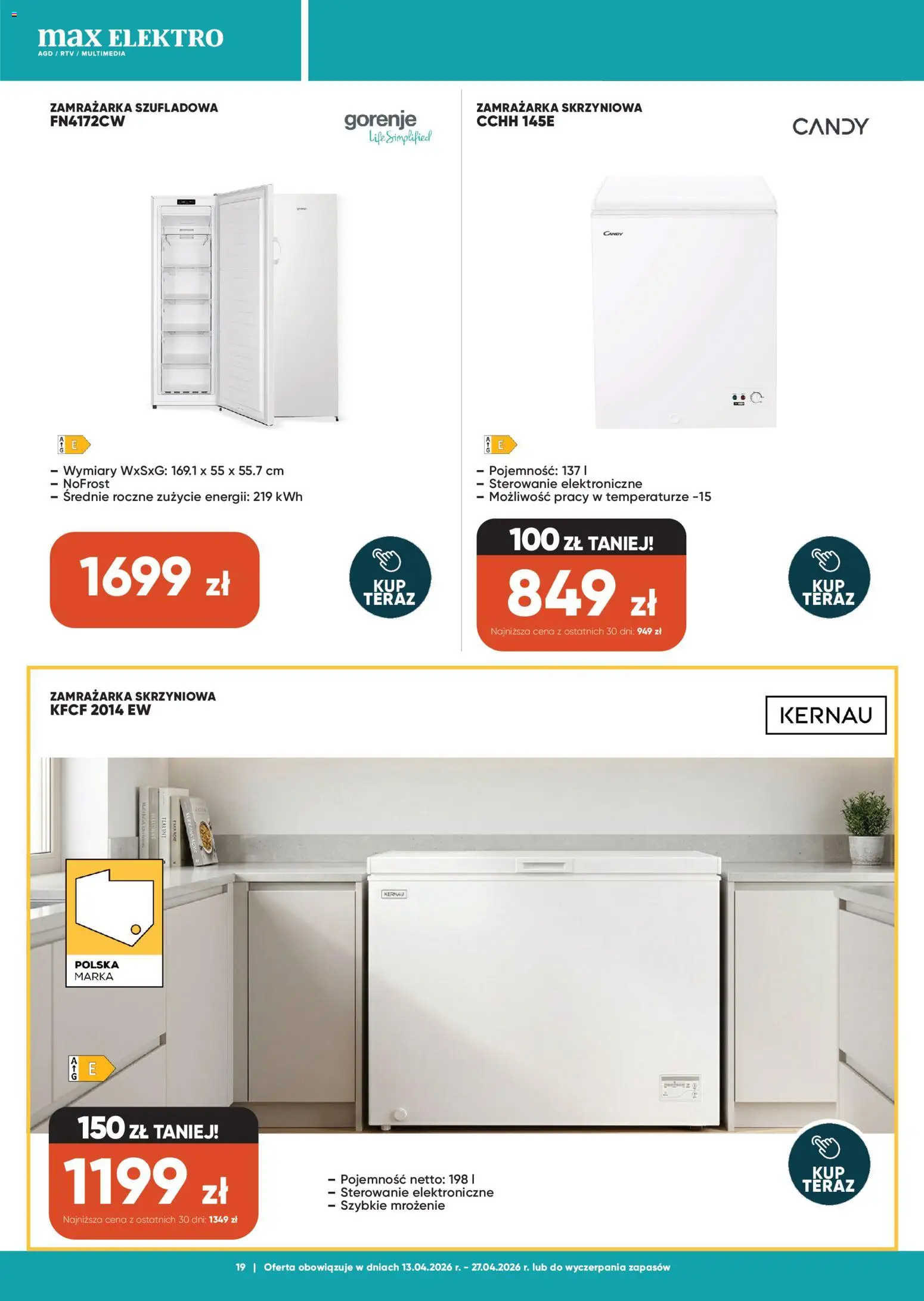 Max elektro gazetka od 13.04.2026 | Strona: 19 | Produkty: Zamrażarka