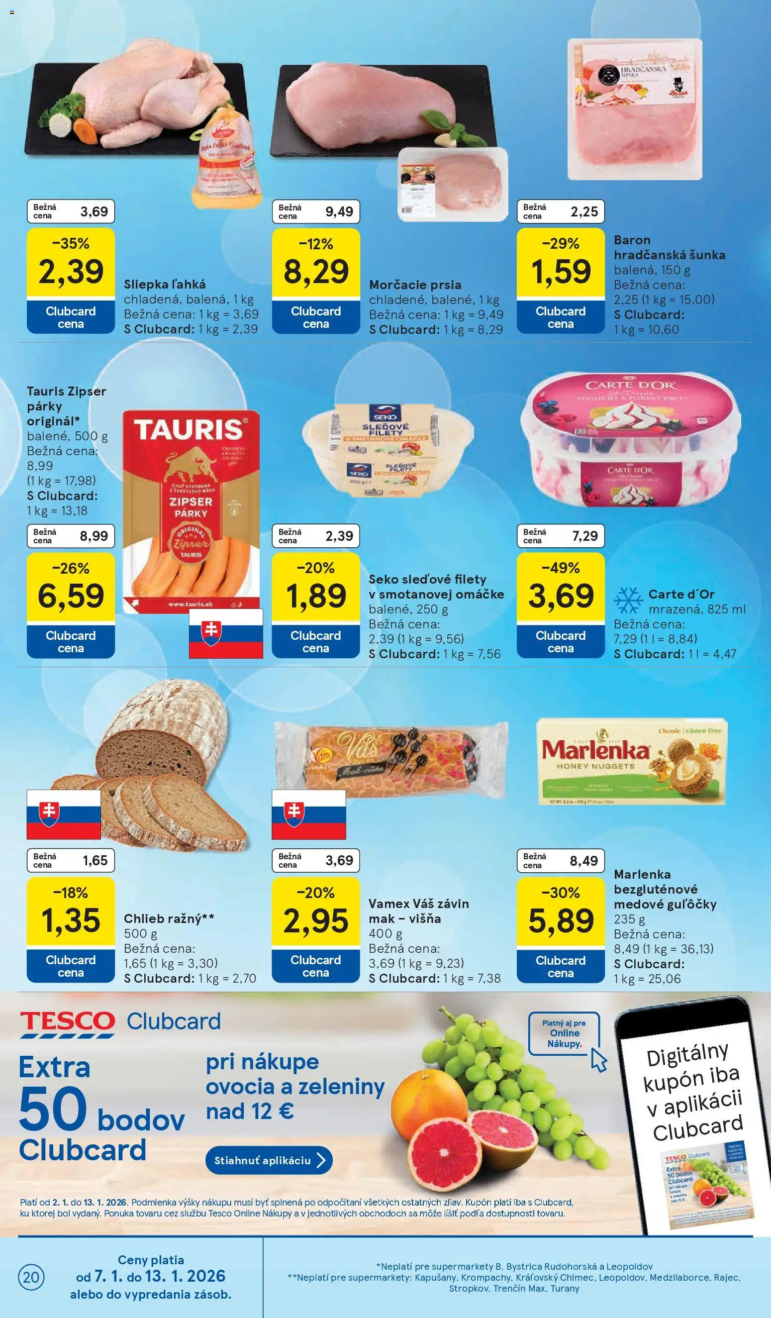 Nové Tesco akcie – leták je platný od 07.01.2026 | Strana: 20 | Produkty: Závin, Marlenka, Párky, Mak
