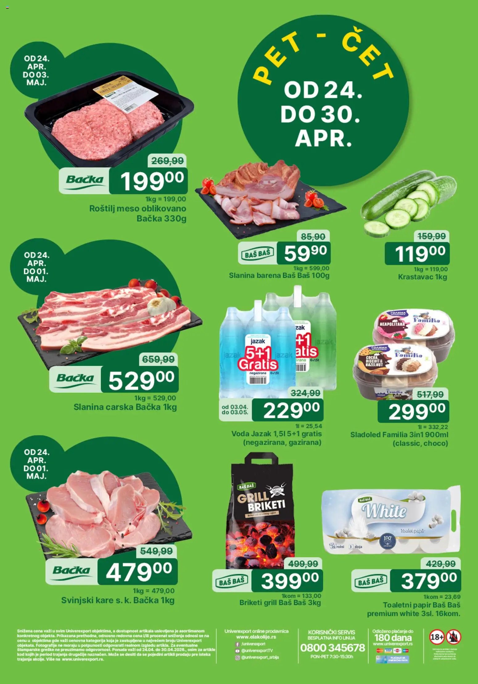 Univerexport katalog - važi od 24.04.2026 | Strana: 1 | Proizvode: Krastavac, Slanina, Roštilj meso, Roštilj