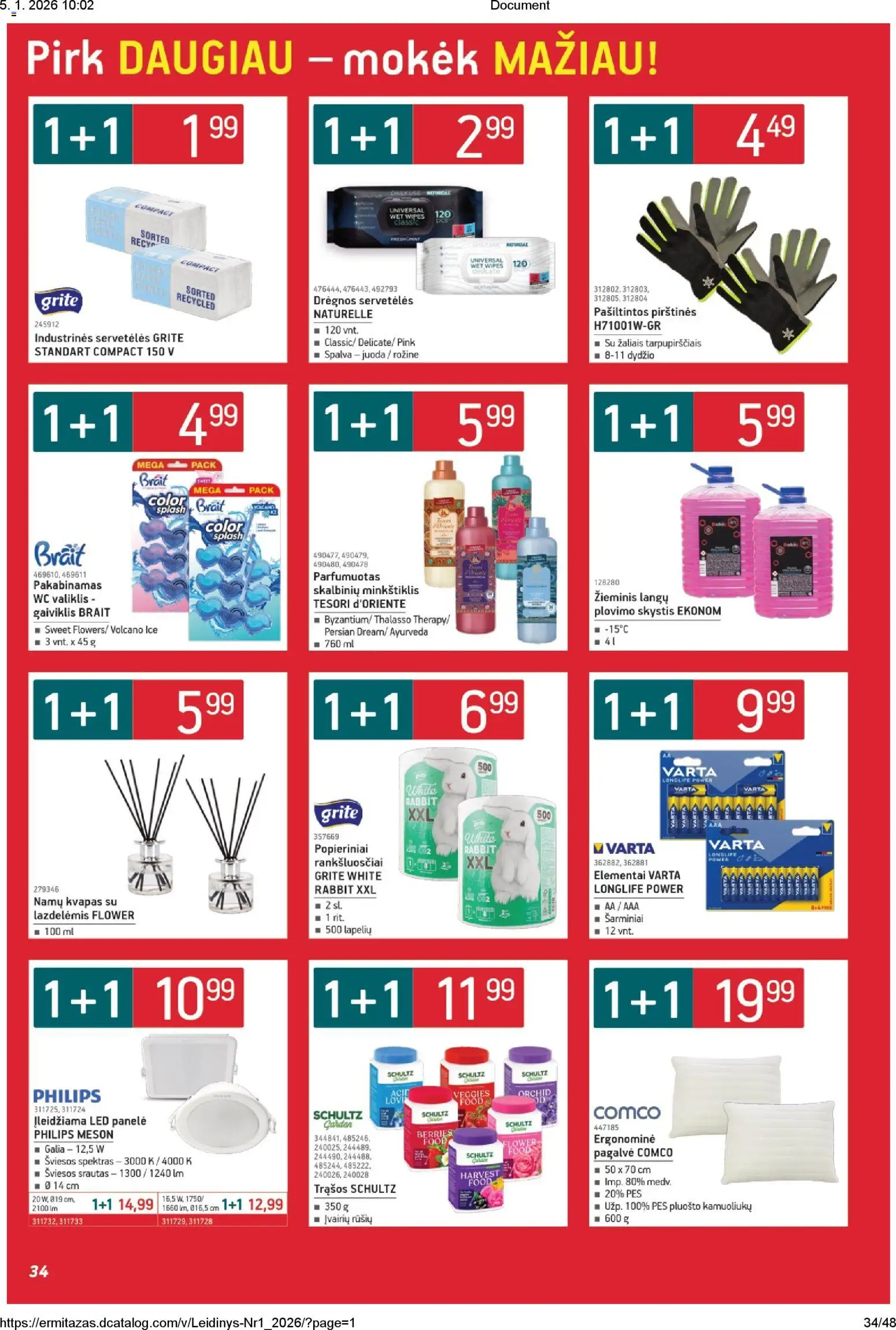 ERMITAŽAS akcijos nuo 05.01.2026 | Puslapis: 34 | Prekių: Kvapas, Pagalvė, Wc, Pirštines