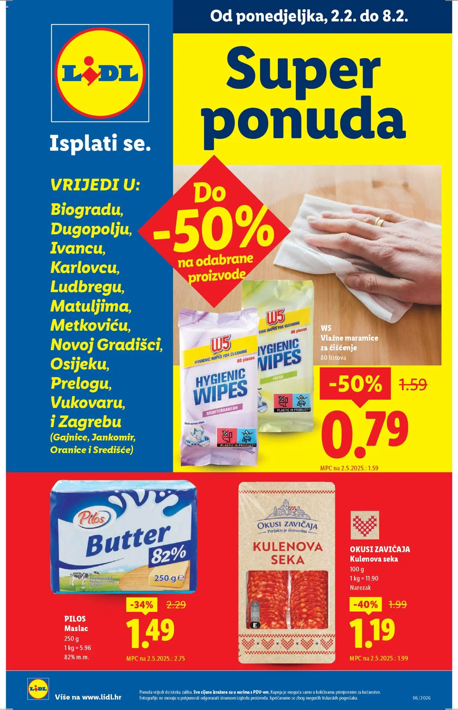Lidl katalog | vrijedi od 02.02.2026 | Stranica: 1 | Proizvodi: Vlažne maramice, Maslac, Narezak