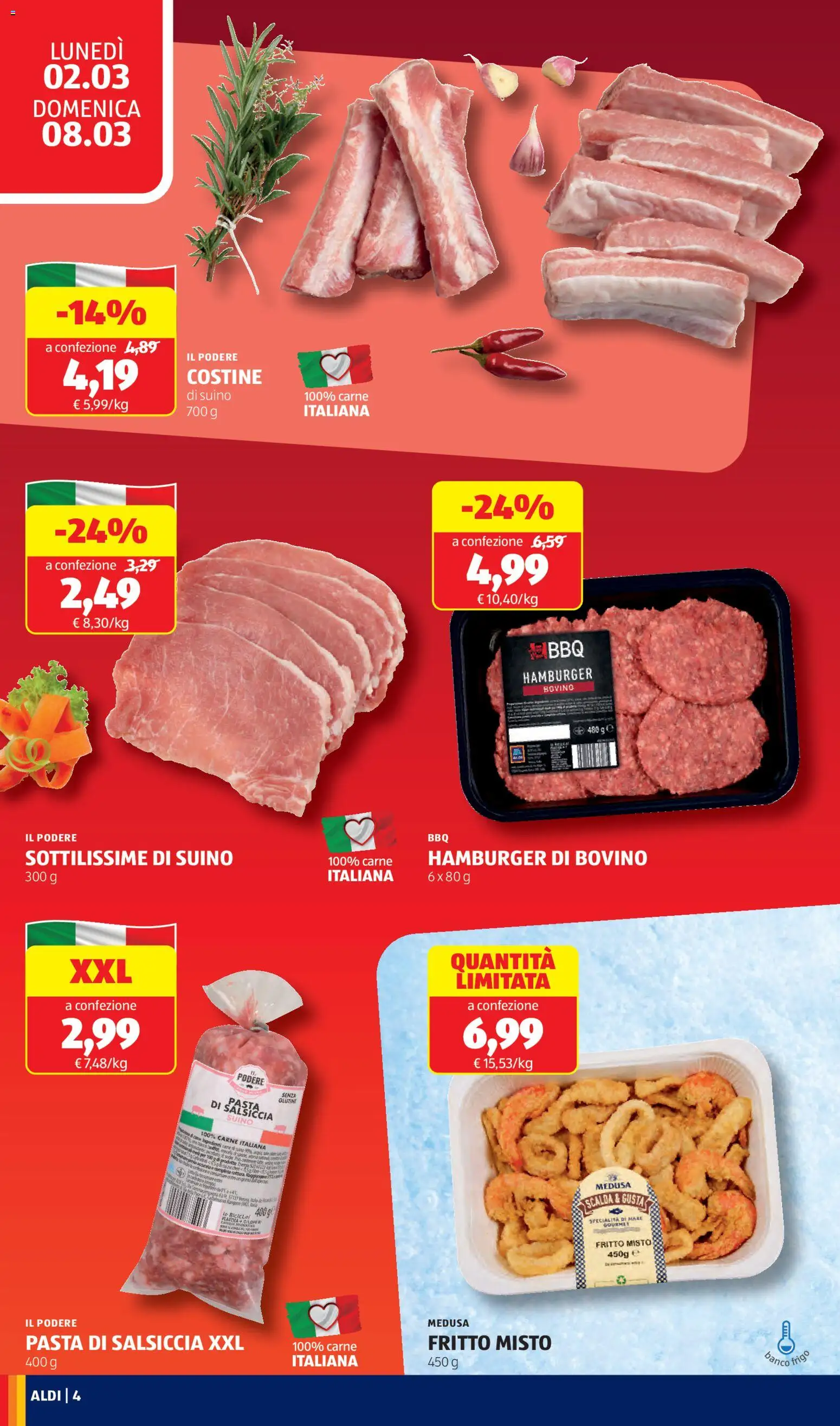 Volantino Aldi del 02.03.2026 | Pagina: 4 | Prodotti: Bovino, Sale, Salsiccia, Pasta