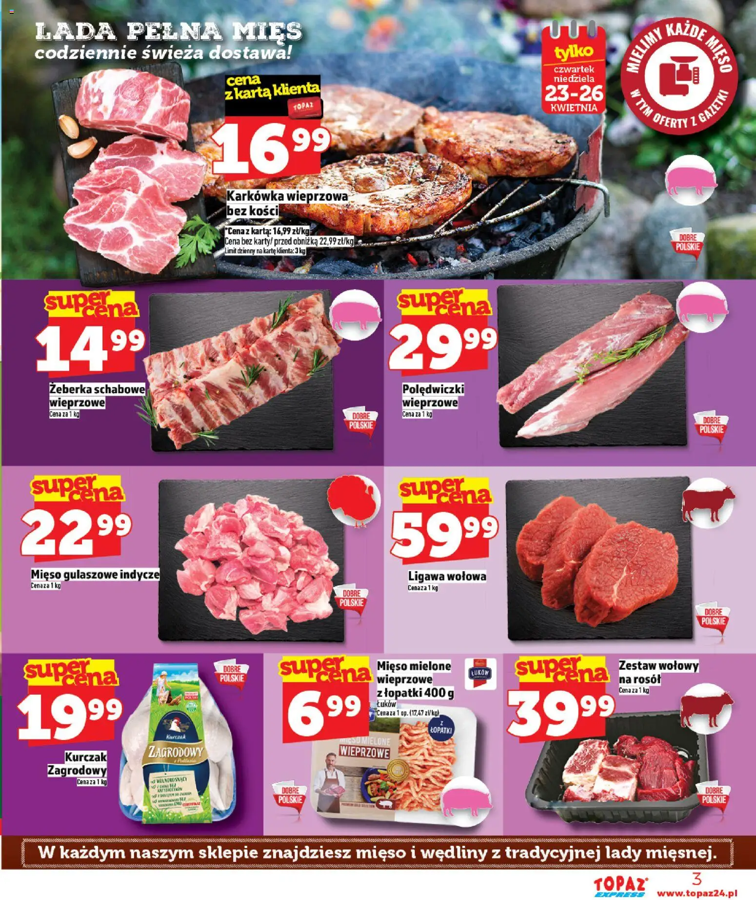 Topaz gazetka - Express od 23.04.2026 | Strona: 3 | Produkty: Karkówka, Kurczak, Mięso mielone, Kurczak zagrodowy
