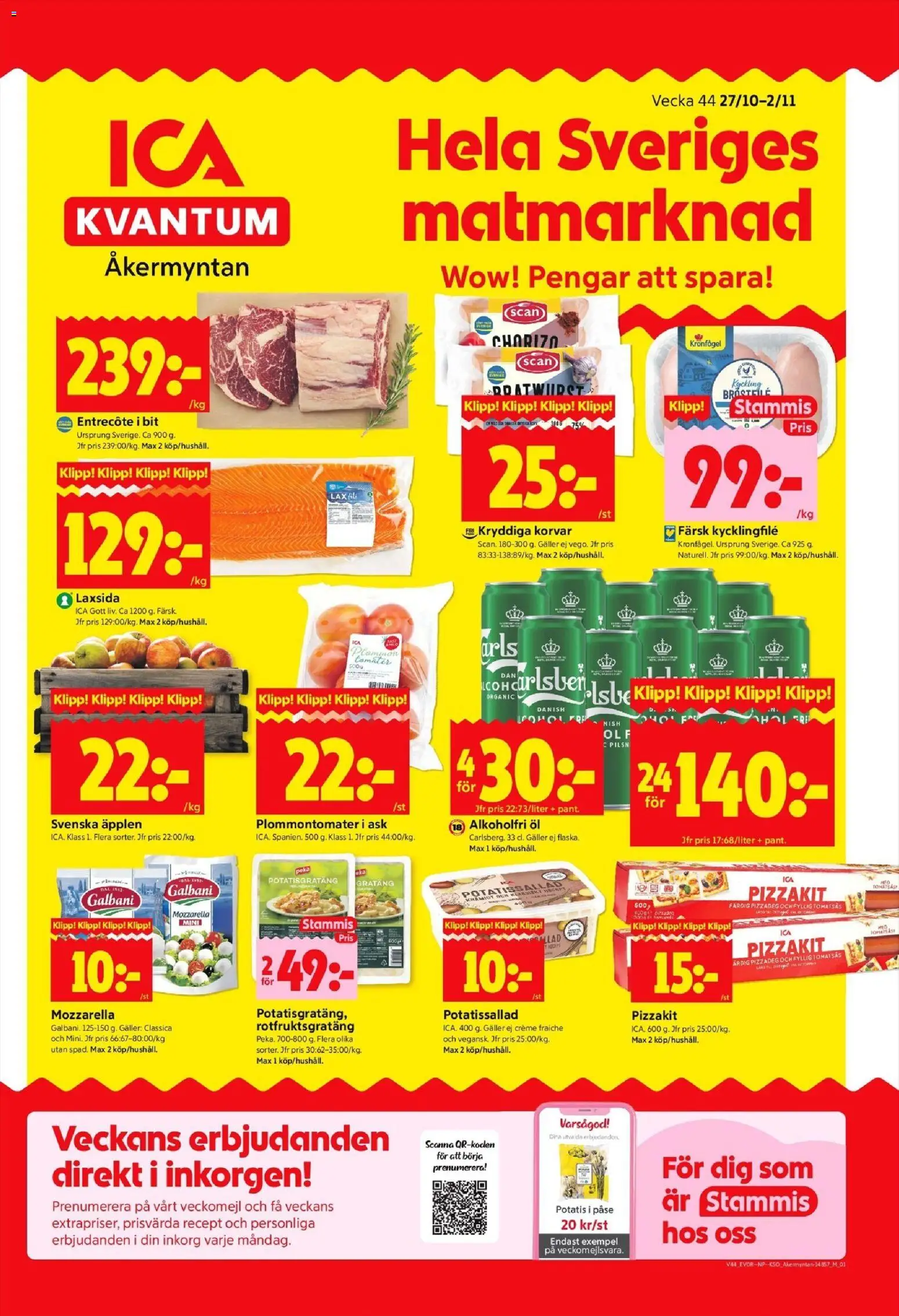 ICA Kvantum reklamblad aktuell från 27.10.2025 | Sida: 1 | Produkter: Potatissallad, Creme fraiche, Pizzakit, Chorizo
