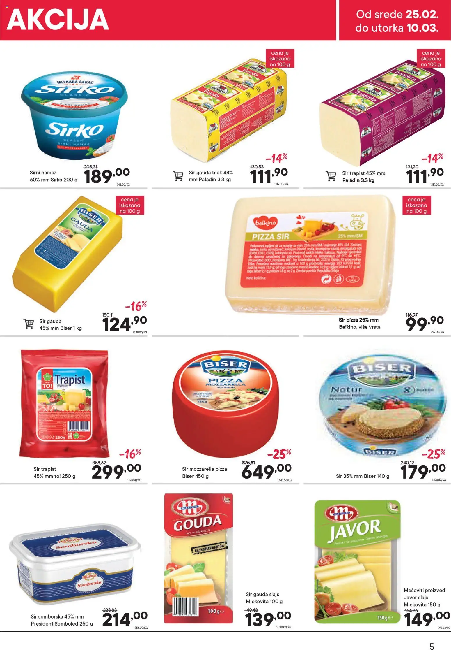 PerSu katalog - važi od 25.02.2026 | Strana: 5 | Proizvode: Trapist sir, So, Gouda, Mozzarella