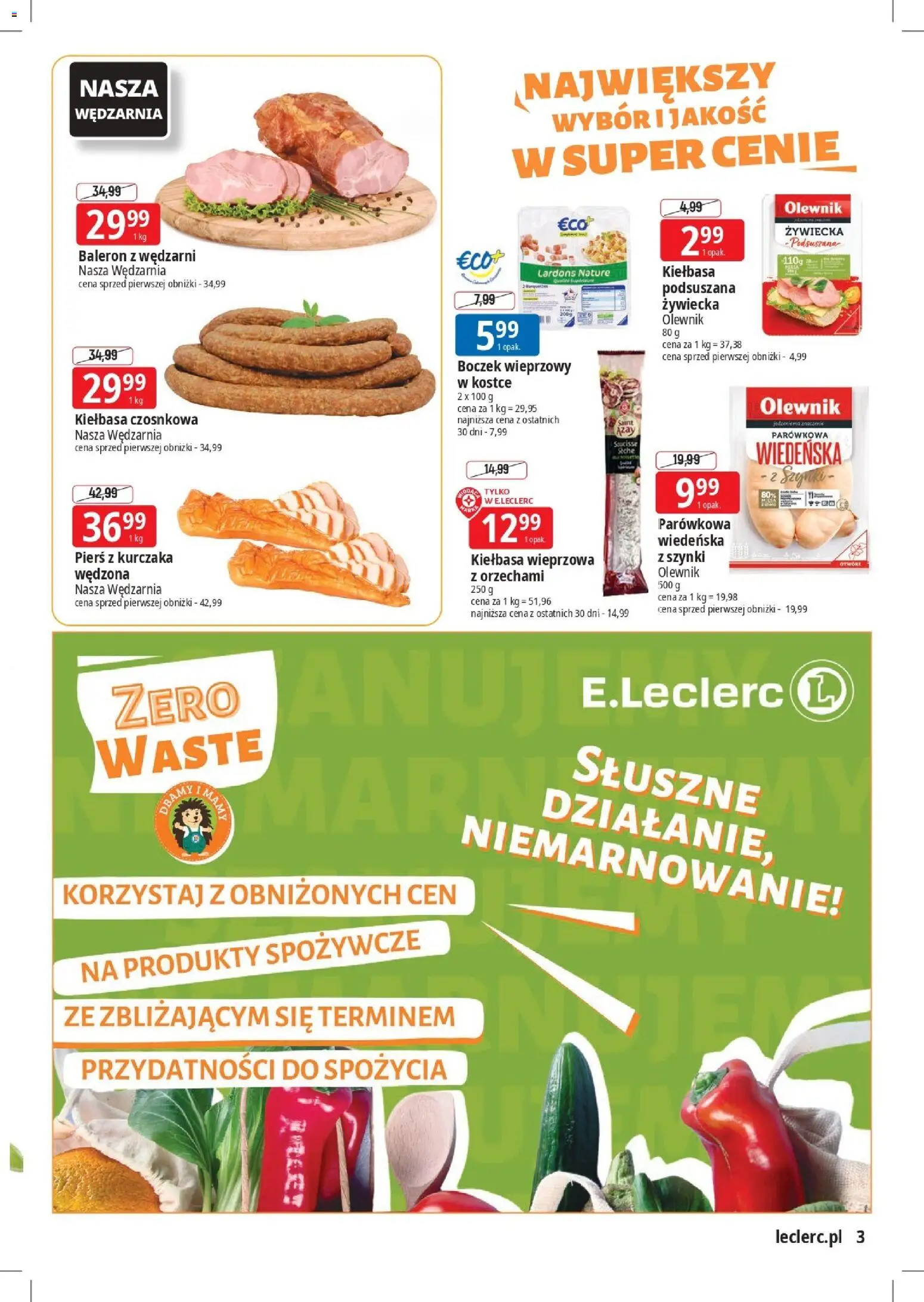 E.Leclerc Gazetka - Elbląg od 03.11.2025 | Strona: 3 | Produkty: Kiełbasa, Pierś z kurczaka, Boczek wieprzowy, Boczek