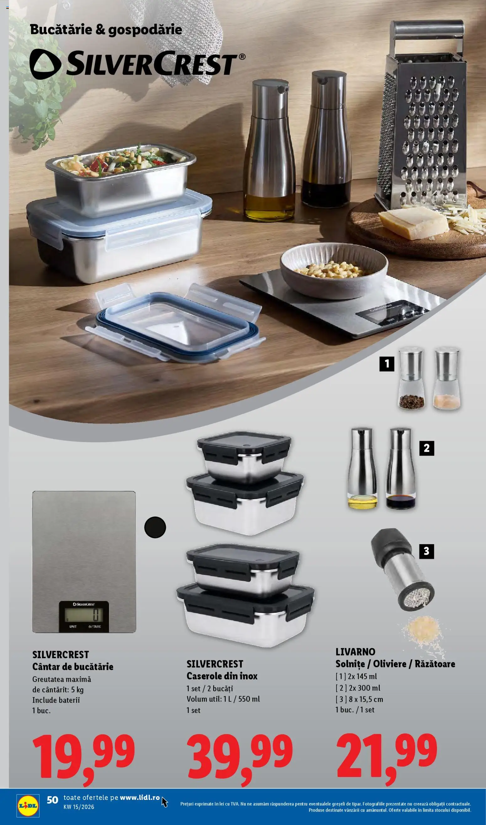 Noul catalog Lidl – valabil de la 06.04.2026 | Pagină: 50 | Produse: Caserole, Răzătoare, Cântar, Bucătărie