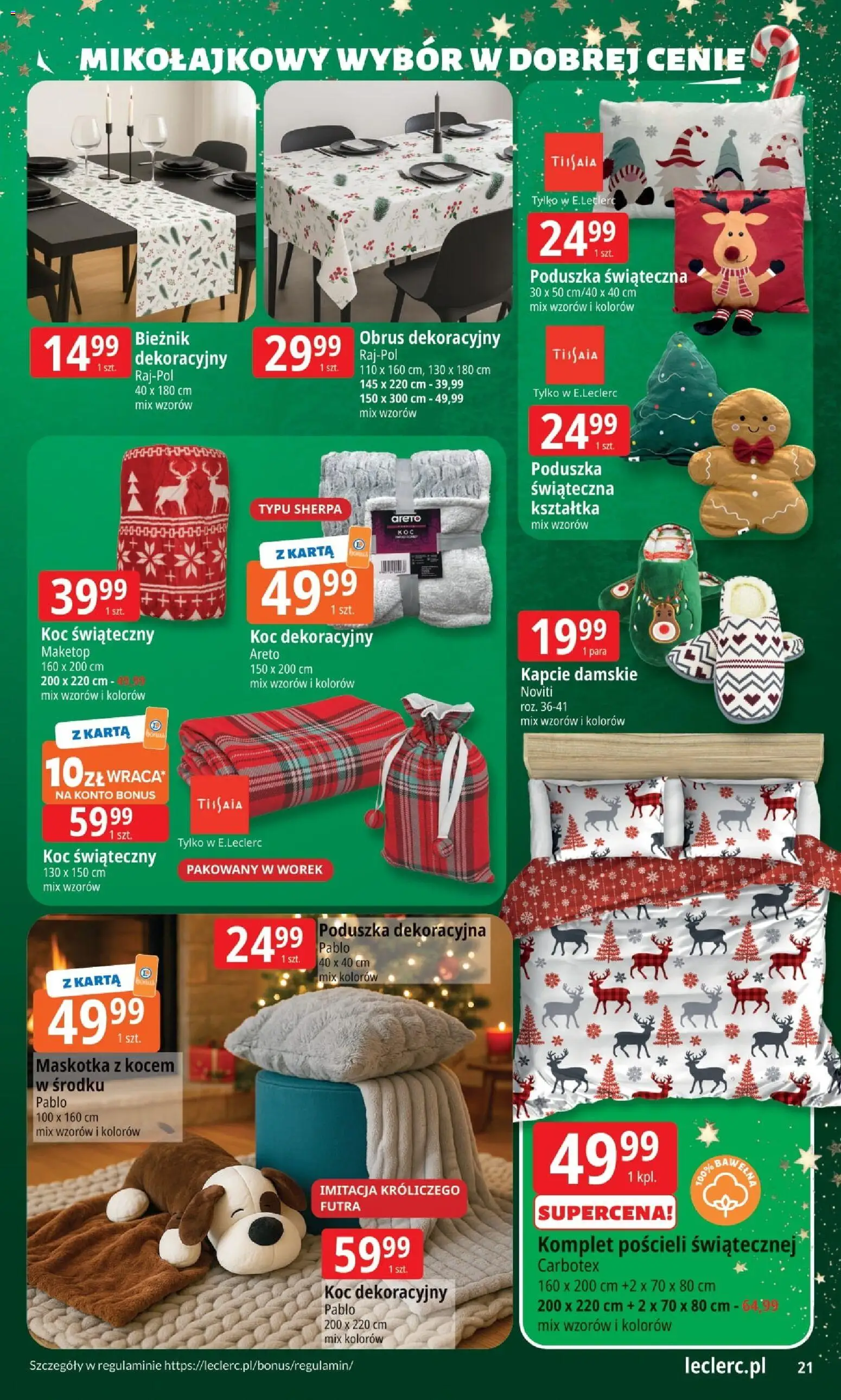 E.Leclerc Gazetka - Zielona Góra od 25.11.2025 | Strona: 21 | Produkty: Karta, Kapcie, Poduszka, Koc
