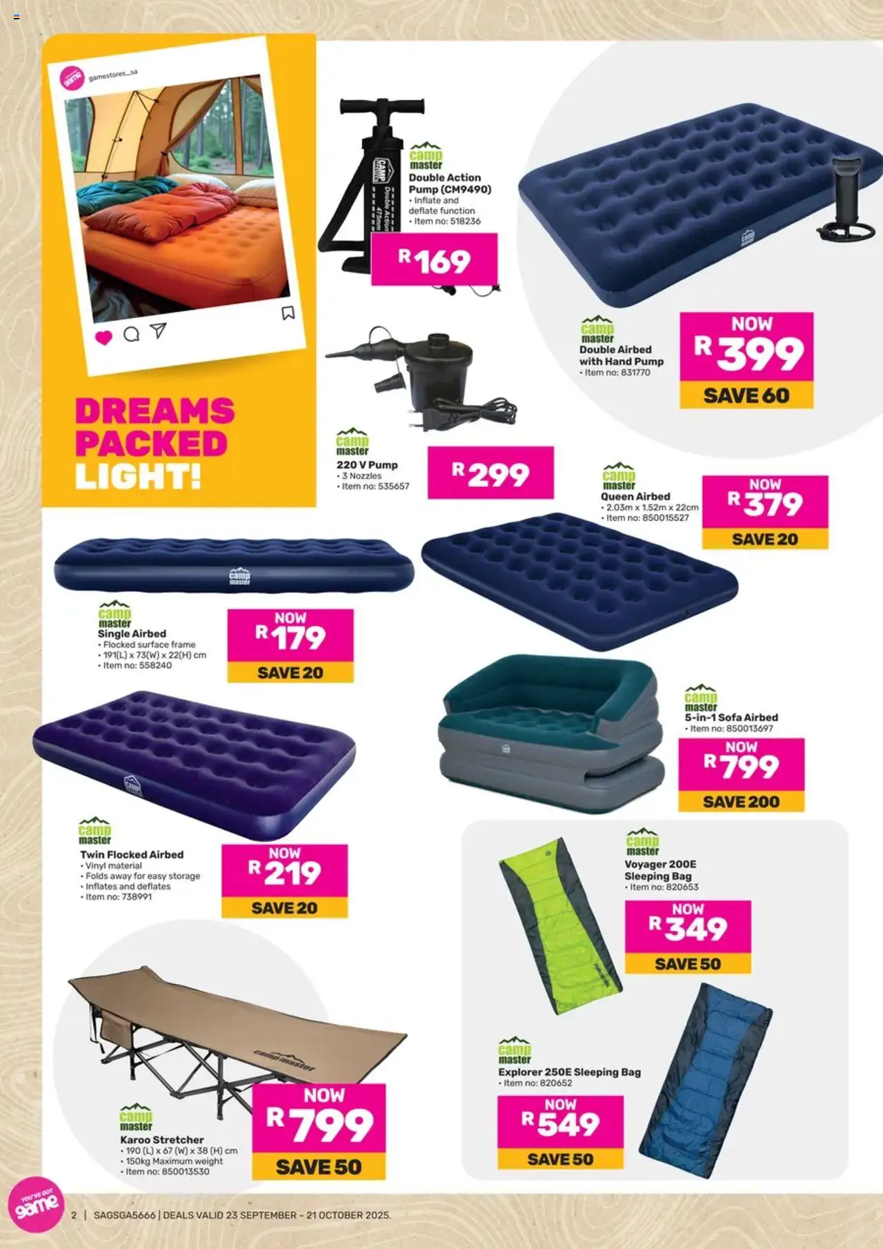 New Game catalogue – valid from 23.09.2025 | Page: 2 | Products: Bag, Frame, Sleeping bag, Light