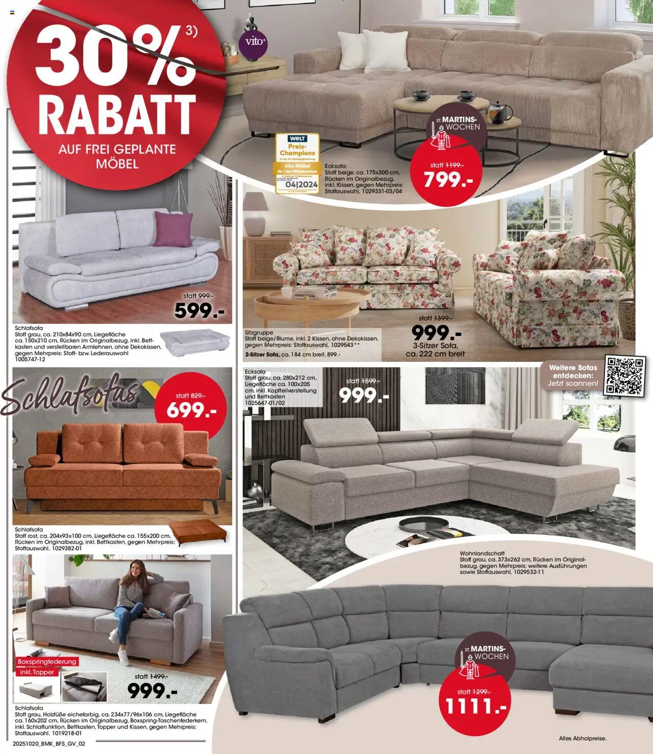 Möbel Martin St. Martins-Wochen – gültig ab 20.10.2025 | Seite: 2 | Produkte: Wohnlandschaft, Schlafsofa, Bett, Topper