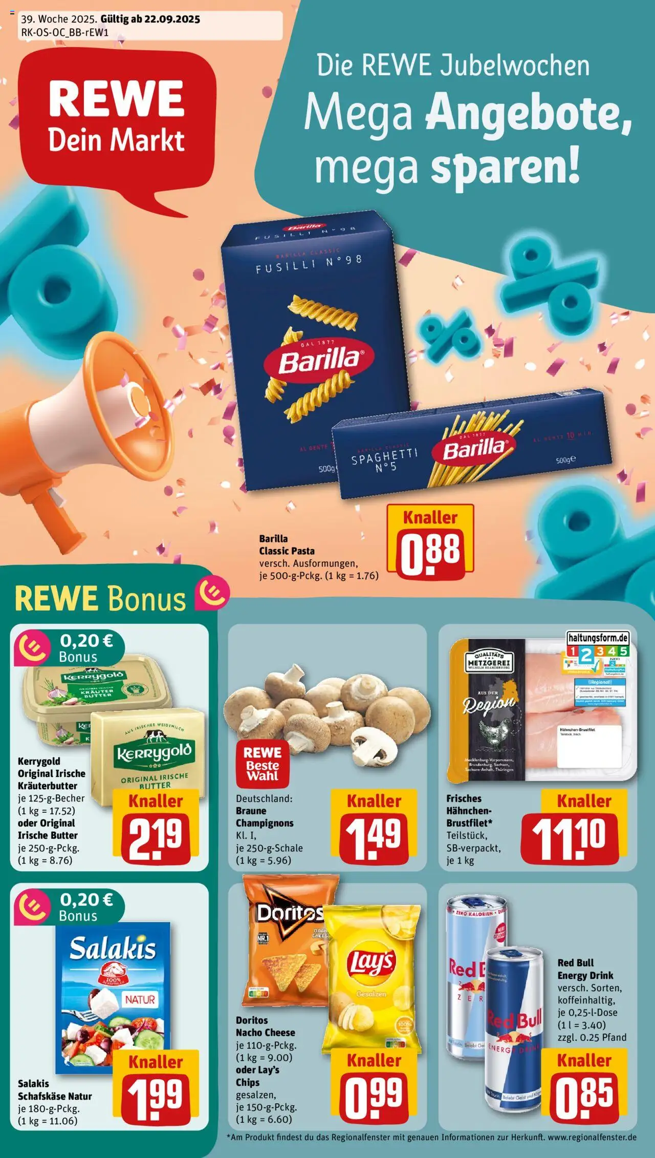 Rewe Prospekt 	 – gültig ab 22.09.2025 | Seite: 1 | Produkte: Red bull, Champignons, Salakis, Pasta