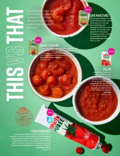 TOMATENPUREE, Tomatenpuree bestaat uit sterk ingekookte tomaten, wat het dus een zeer geconcentreerde tomatensaus maakt. Het is glad van structuur, dieprood en intens van smaak. Bak de puree kort in olie om de zuren te verzachten. Geeft diepte aan stoofgerechten, soepen of sauzen. AH Tomatenpuree 200 g - Voorbeeld van een folder van Albert Heijn, geldig van 15.09.2025 | Pagina: 82 | Producten: Tomaat, Olie, Sap, Kisperec