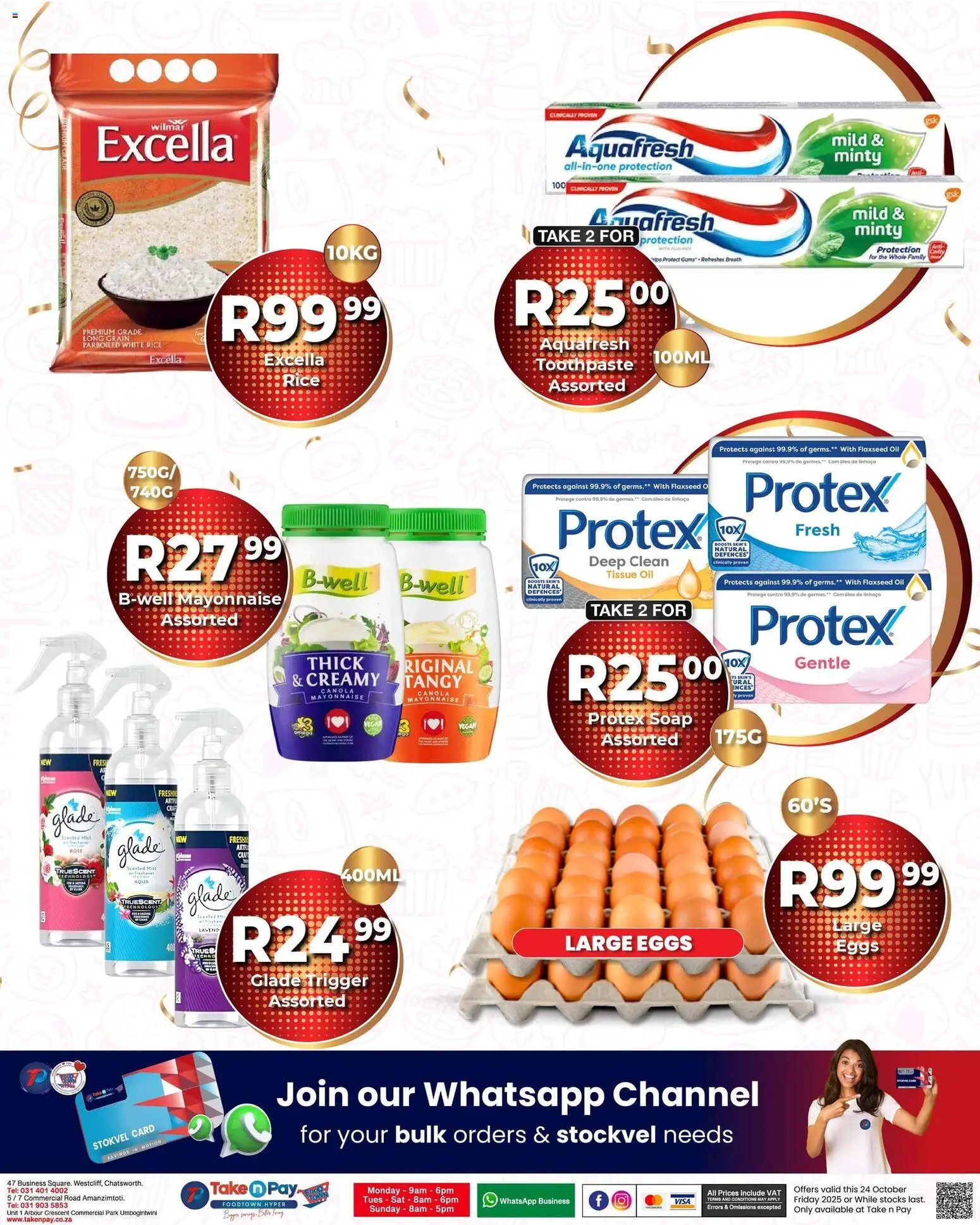 New Take n Pay catalogue – valid from 24.10.2025 | Page: 2 | Products: Tissue oil, Soap, Toothpaste, Mayonnaise