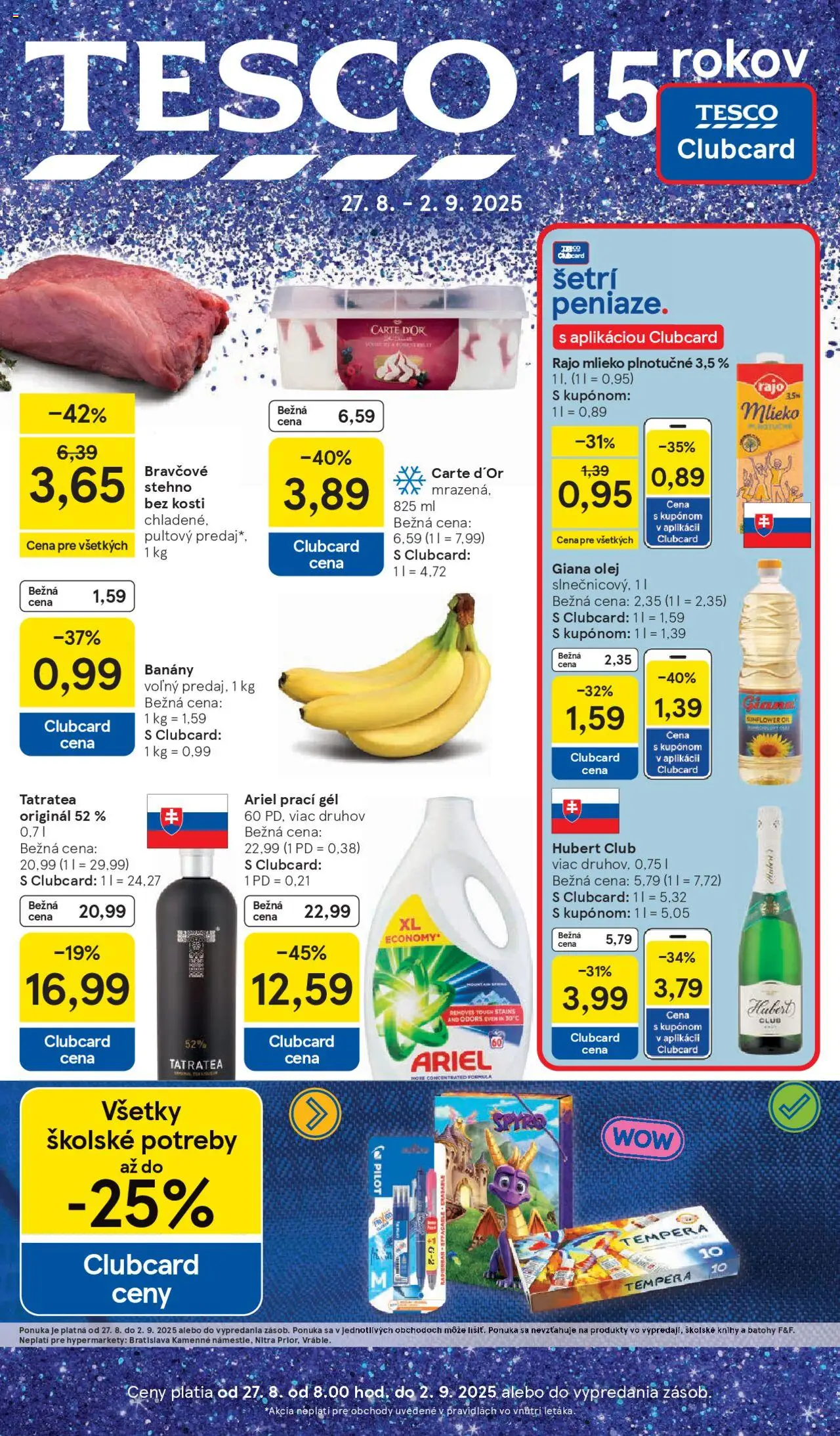 Tesco Hypermarket - leták │ platný od 27.08.2025 | Strana: 1 | Produkty: Mlieko, Banány, Bravčové stehno, Ariel