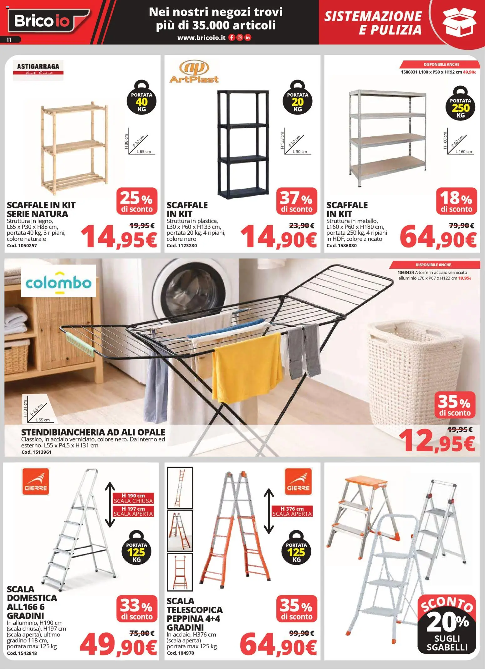 Volantino Brico io del 02.04.2026 | Pagina: 11 | Prodotti: Stendibiancheria, Scaffale, Scala, Alluminio