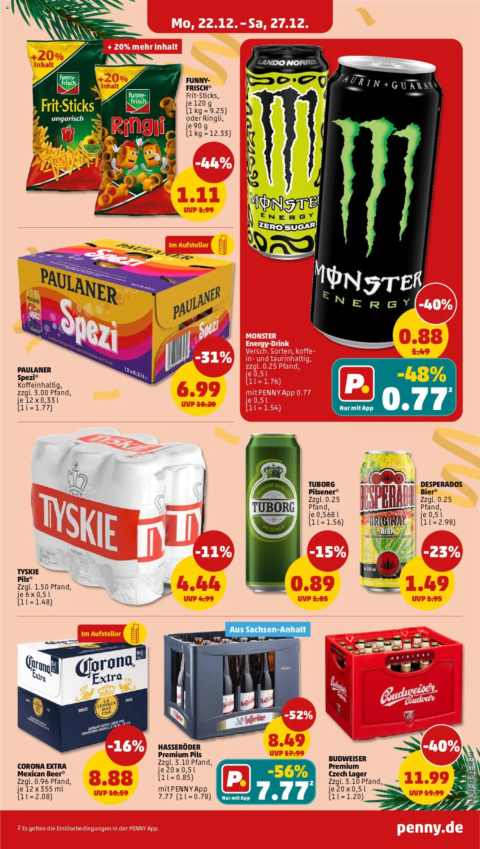 Penny Prospekt 	 – gültig ab 22.12.2025 | Seite: 19 | Produkte: Tyskie, Monster, Desperados, Budweiser