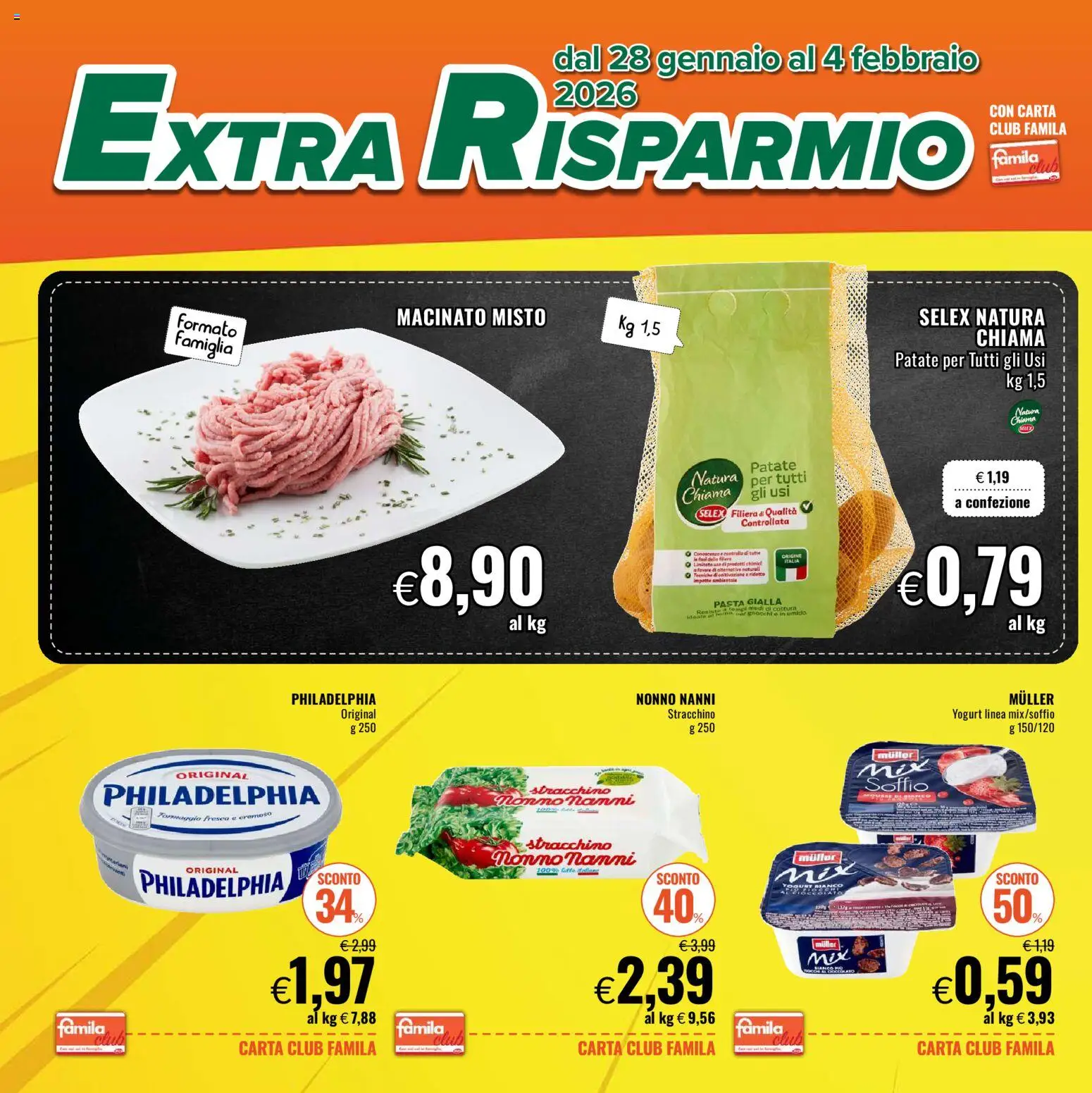 Volantino Famila del 28.01.2026 | Pagina: 2 | Prodotti: Yogurt, Tonno, Stracchino, Macinato