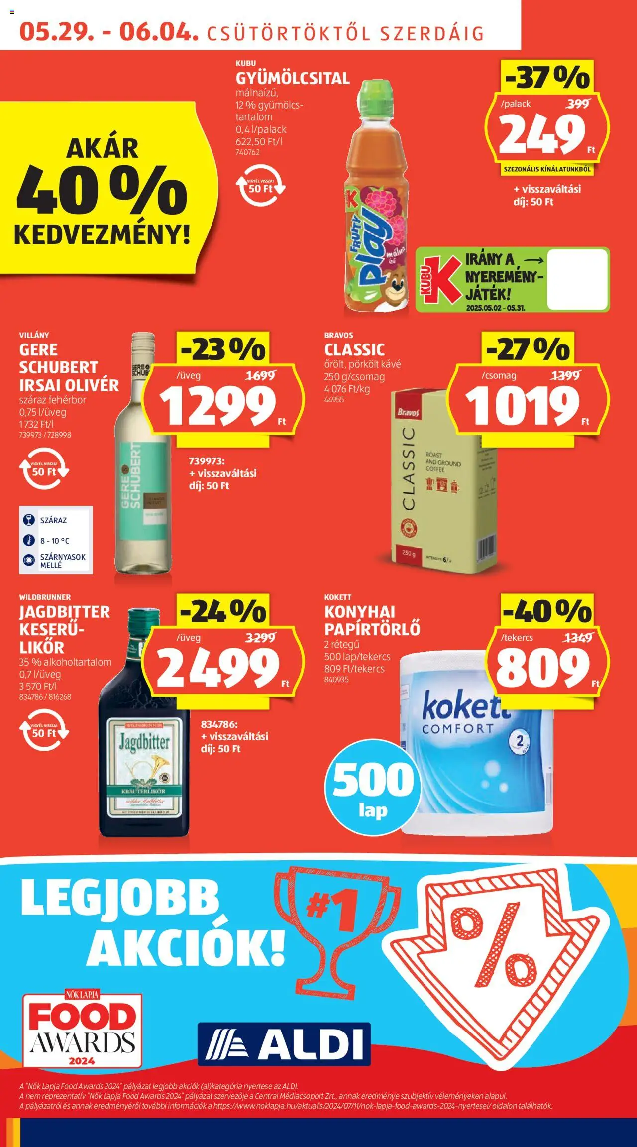 Aldi akciós ujság - amely érvényes a következő dátumtól: 29.05.2025 | Oldal: 6 | Termékek: Gyümölcsital, Papírtörlő, Kávé, Fehérbor
