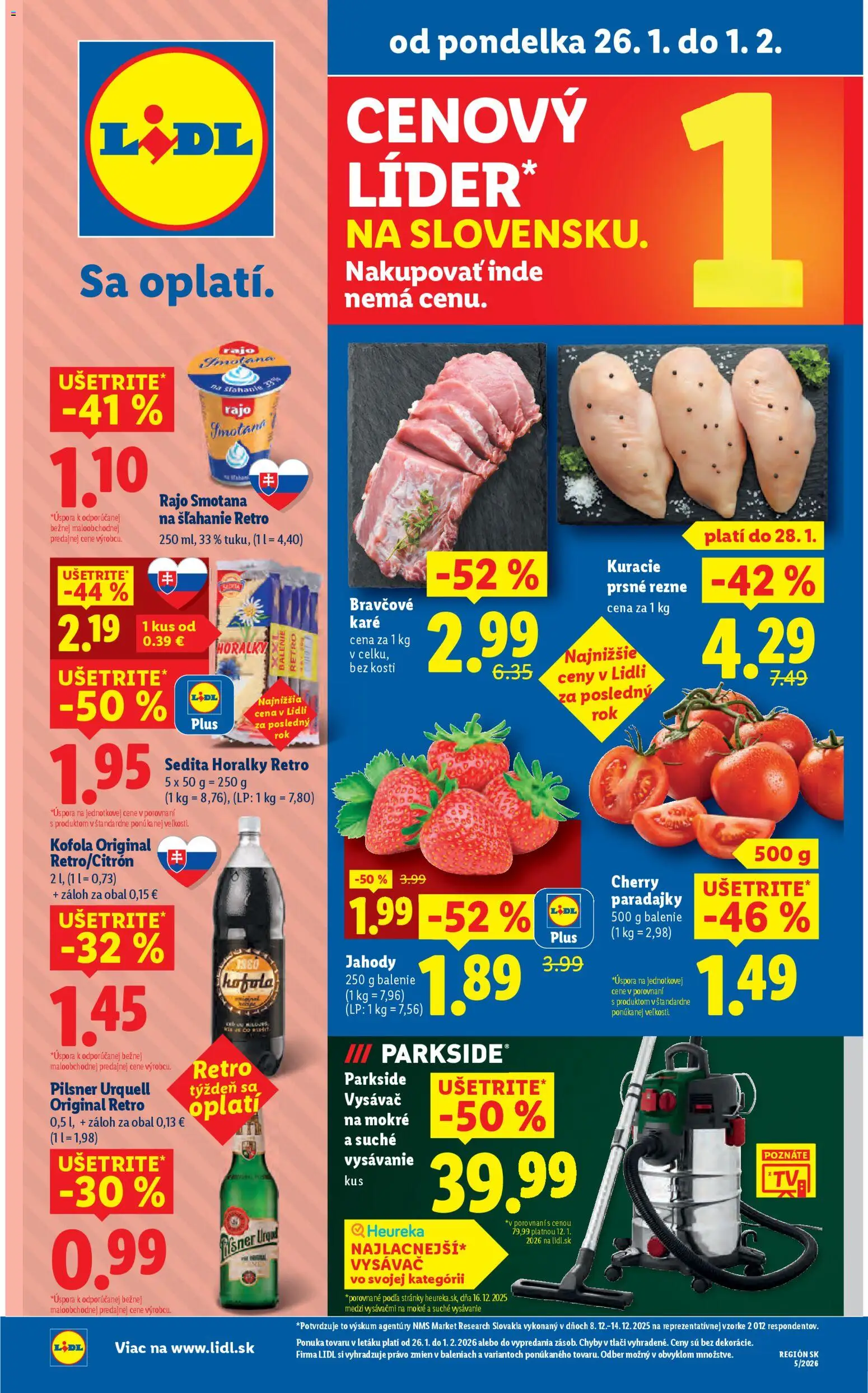 Nové Lidl akcie – leták je platný od 26.01.2026 | Strana: 1 | Produkty: Parkside, Vysávač, Bravčové karé, Horálky