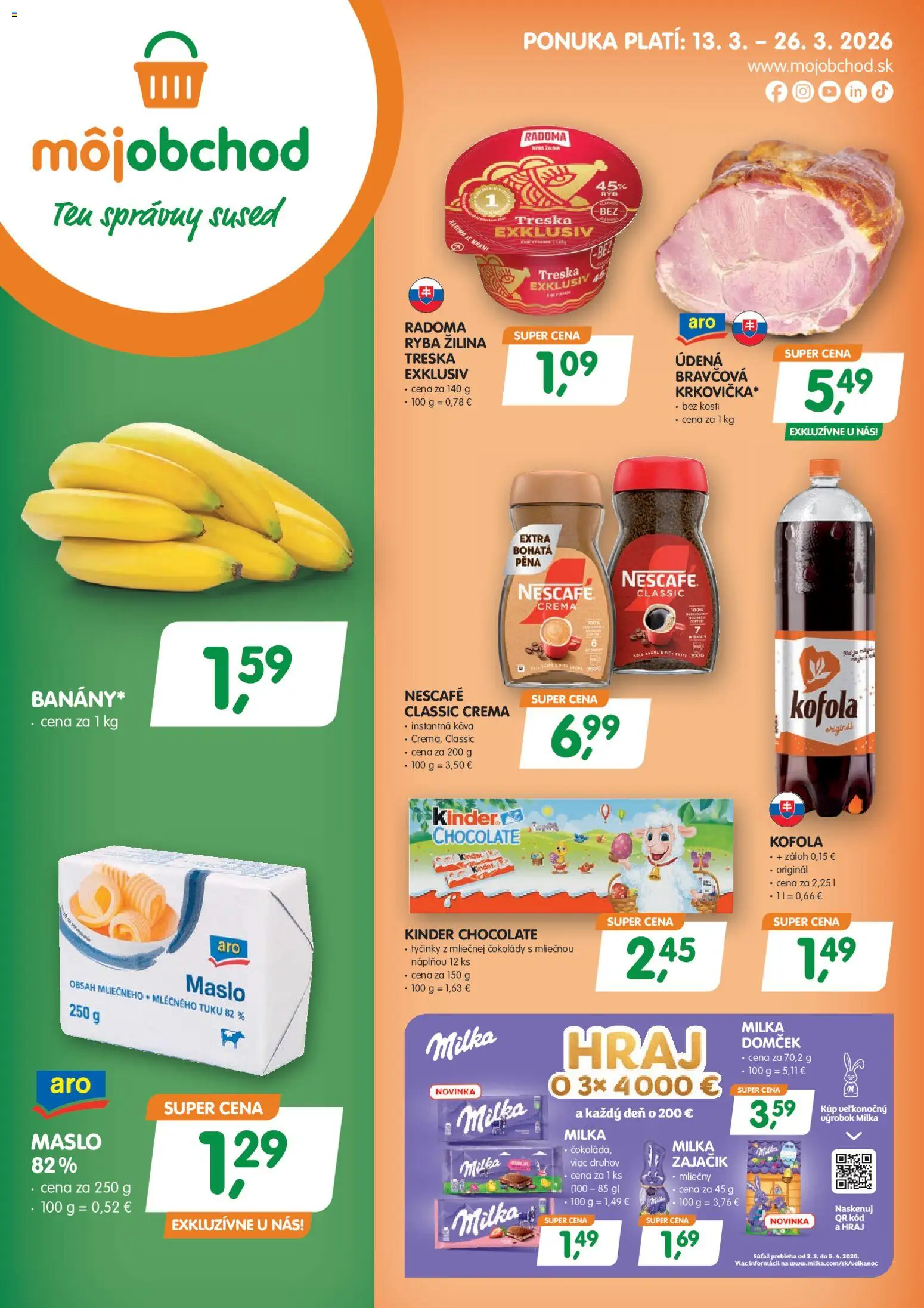 Nové Môj obchod akcie – leták je platný od 13.03.2026 | Strana: 1 | Produkty: Káva, Kinder, Ryba, Treska