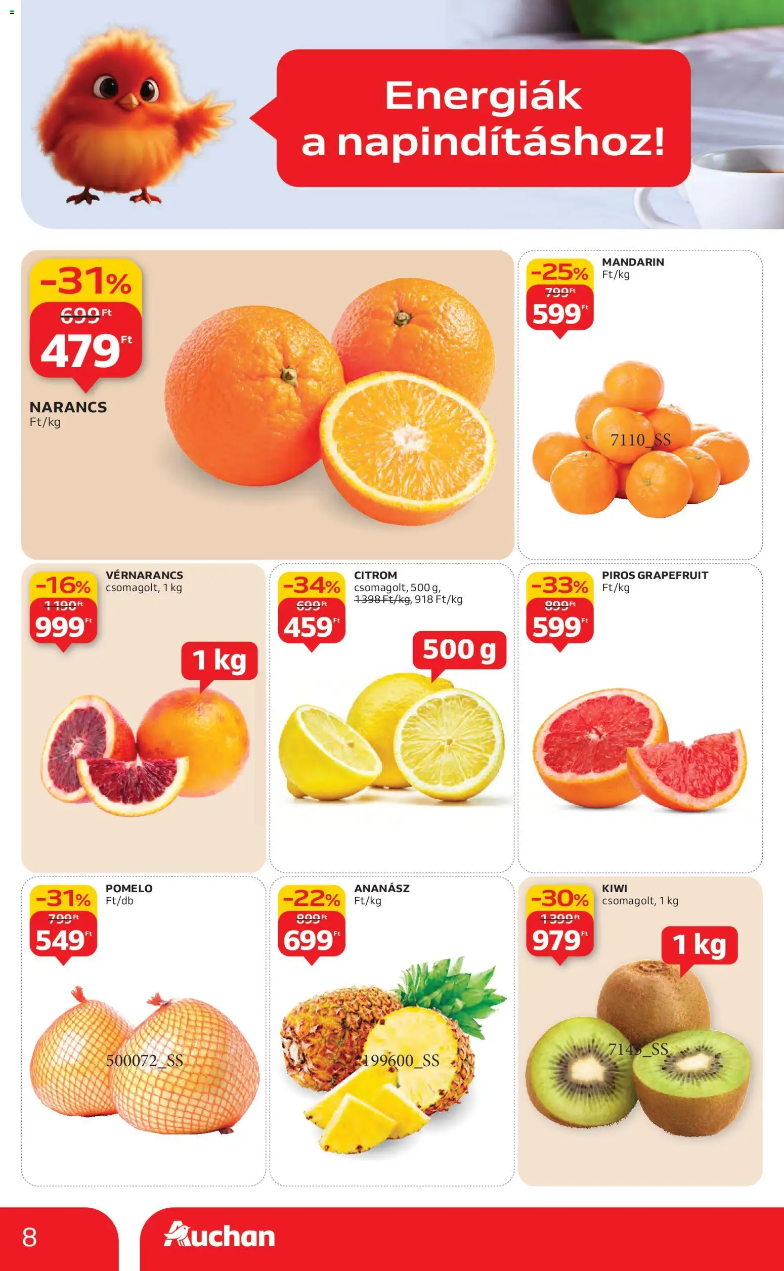Auchan akciós ujság - amely érvényes a következő dátumtól: 22.01.2026 | Oldal: 8 | Termékek: Pomelo, Narancs, Kiwi, Citrom