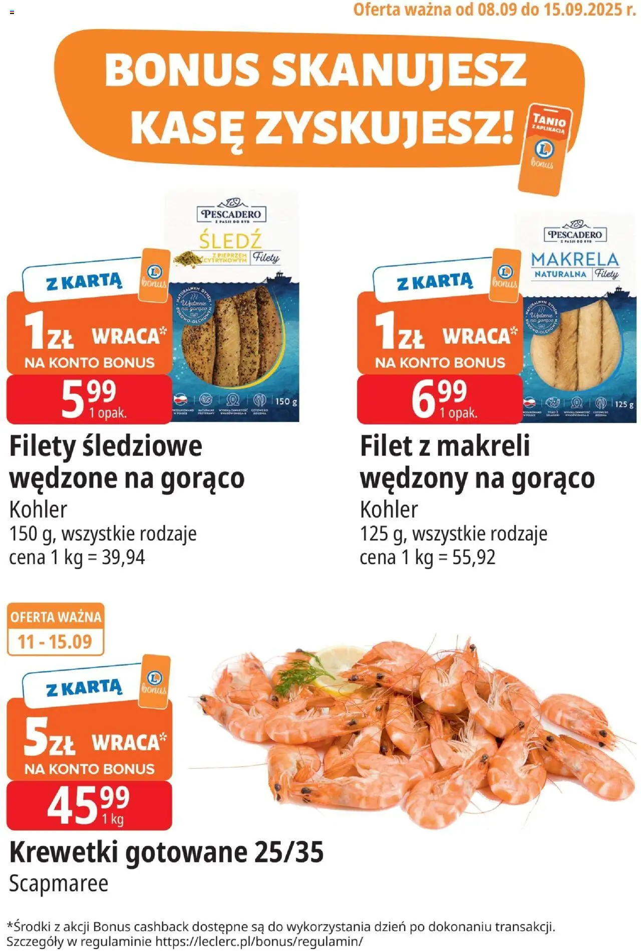 E.Leclerc Gazetka - Radom kupony dodatkowe od 08.09.2025 | Strona: 1 | Produkty: Karta, Krewetki, Makrela, Krewetki gotowane