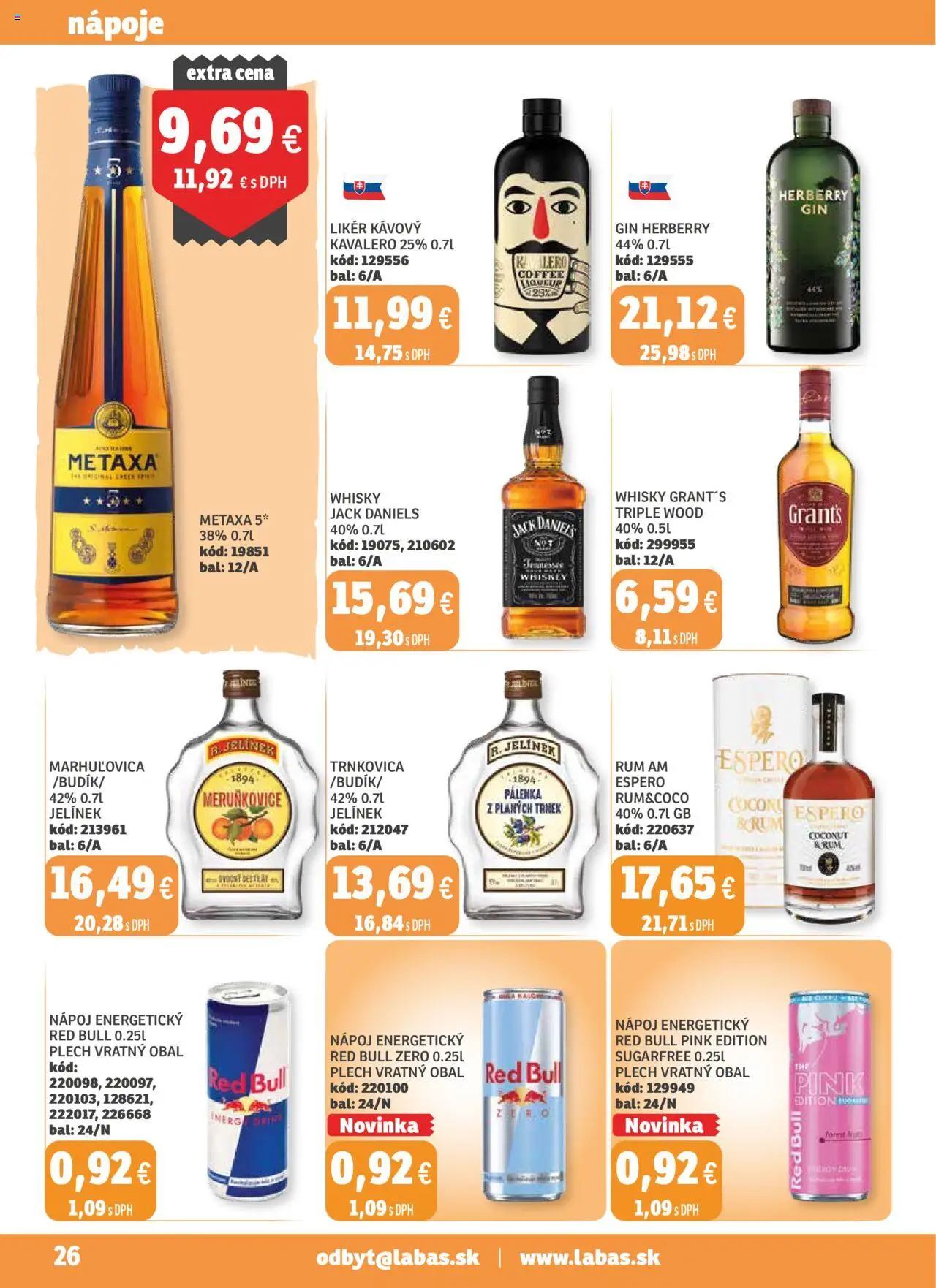 Nové Labaš akcie – leták je platný od 17.10.2025 | Strana: 26 | Produkty: Red Bull, Gin, Whisky, Rum