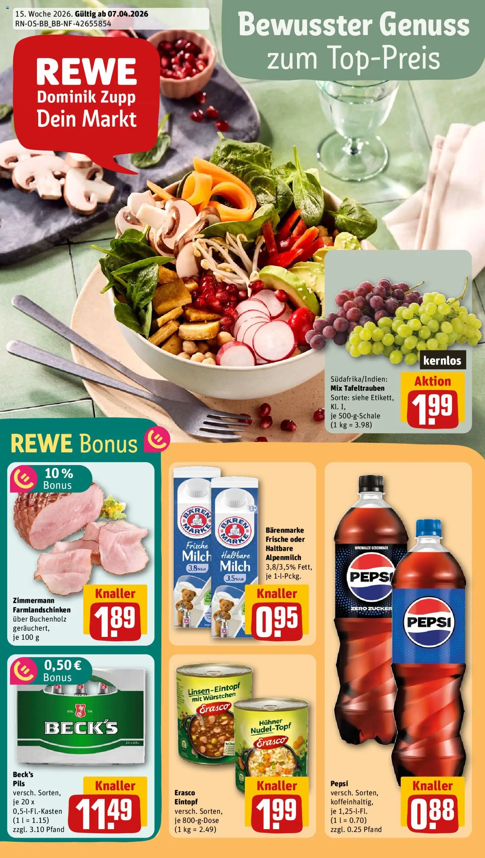 Rewe Prospekt 	 – gültig ab 07.04.2026 | Seite: 1 | Produkte: Milch, Pils, Pepsi, Erasco