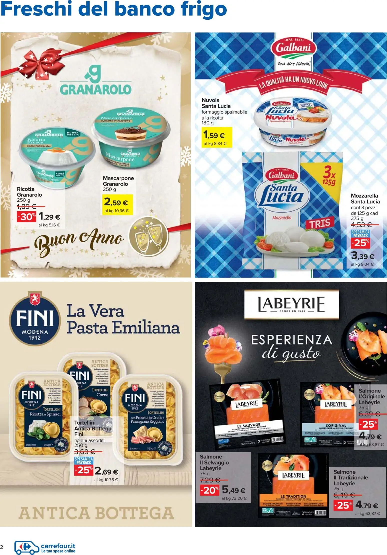Volantino Carrefour del 27.12.2025 | Pagina: 2 | Prodotti: Prosciutto, Pasta, Spinaci, Parmigiano reggiano
