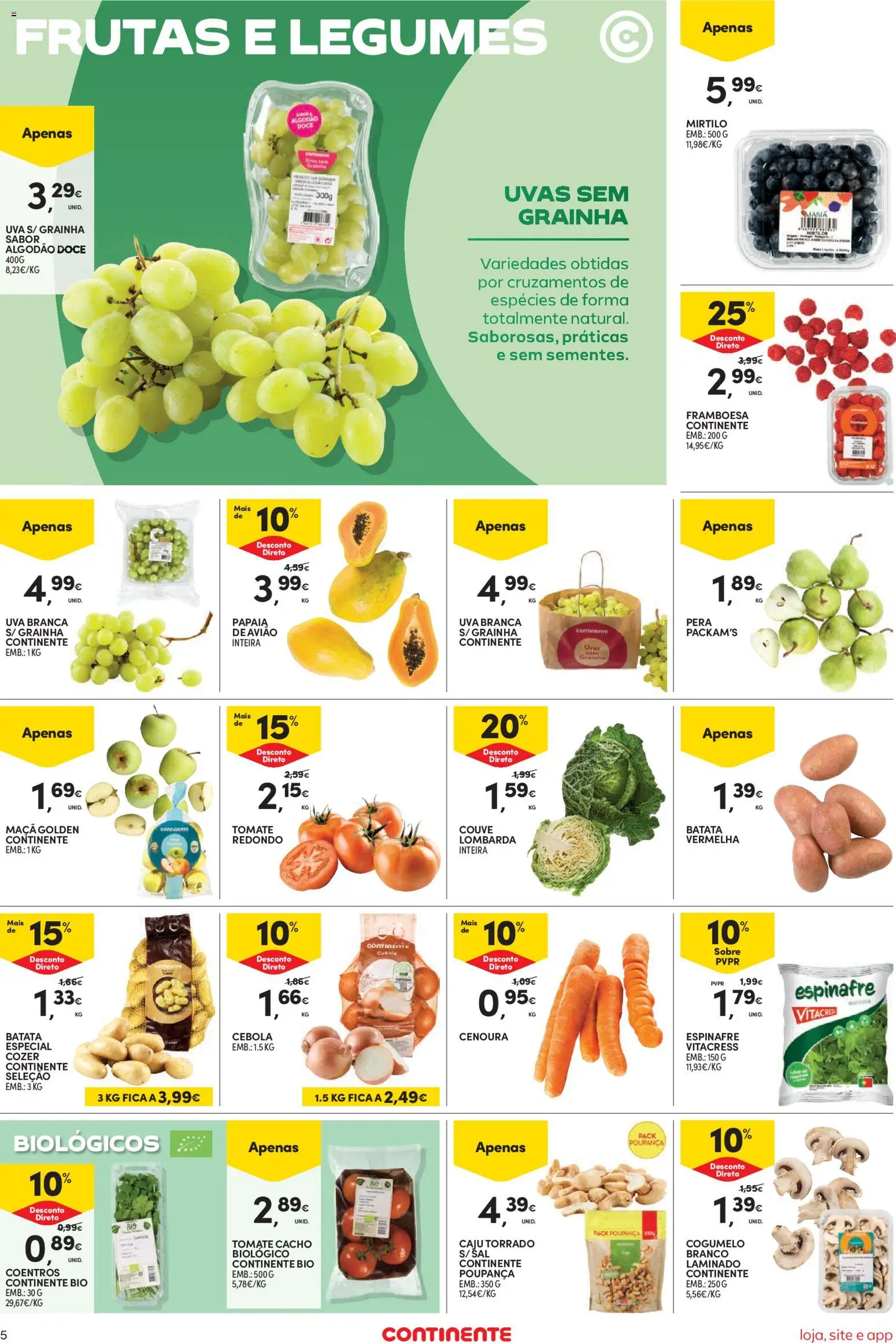 Continente Semanal Continente Bom Dia │ válido de 28.04.2026 | Página: 5 | Produtos: Cebola, Tomate, Cenoura, Uvas