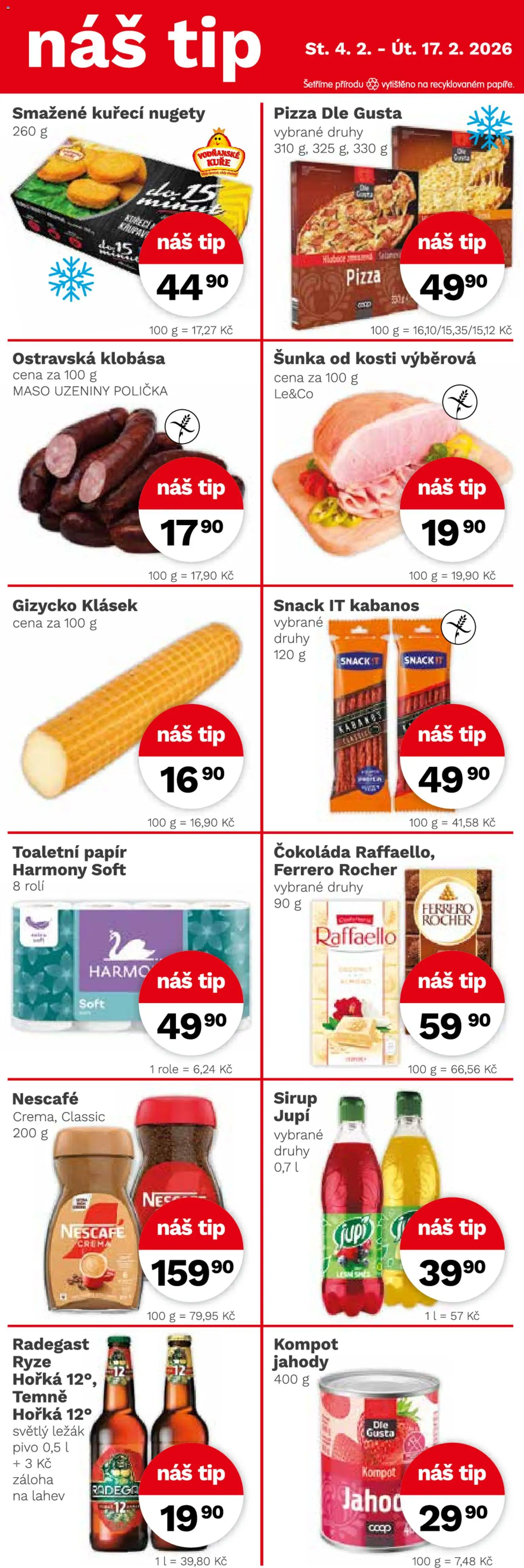 Konzum leták od 04.02.2026 | Strana: 4 | Produkty: Kompot, Šunka od kosti, Pivo, Kuře