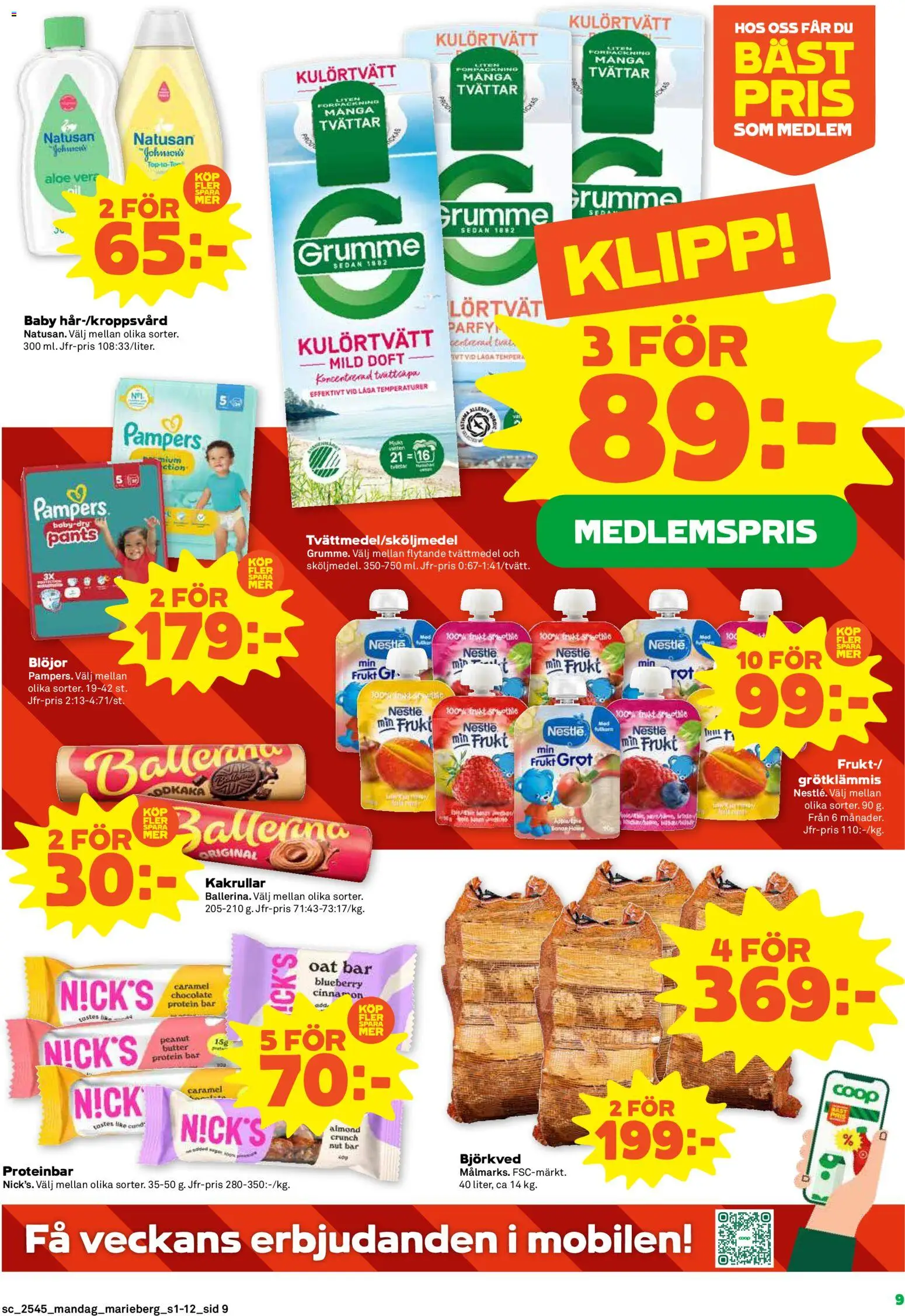 Coop Forum reklamblad aktuell från 03.11.2025 | Sida: 9 | Produkter: Doft, Tvättmedel, Proteinbar, Blöjor