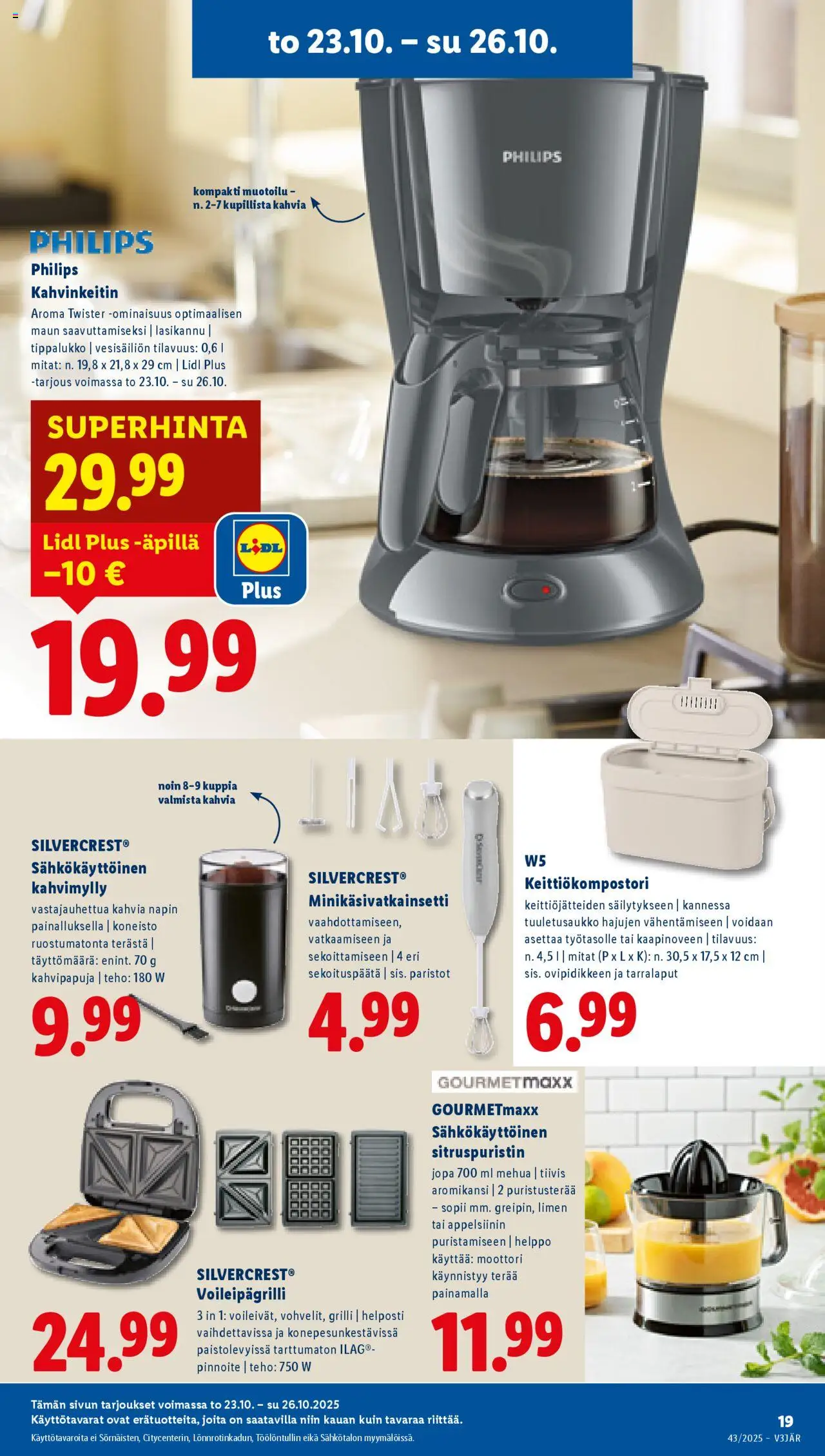 Lidl tarjoukset – voimassa 23.10.2025 alkaen | Sivu: 23 | Tuotteet: Grilli, Kahvinkeitin, Voileipägrilli, Paristot