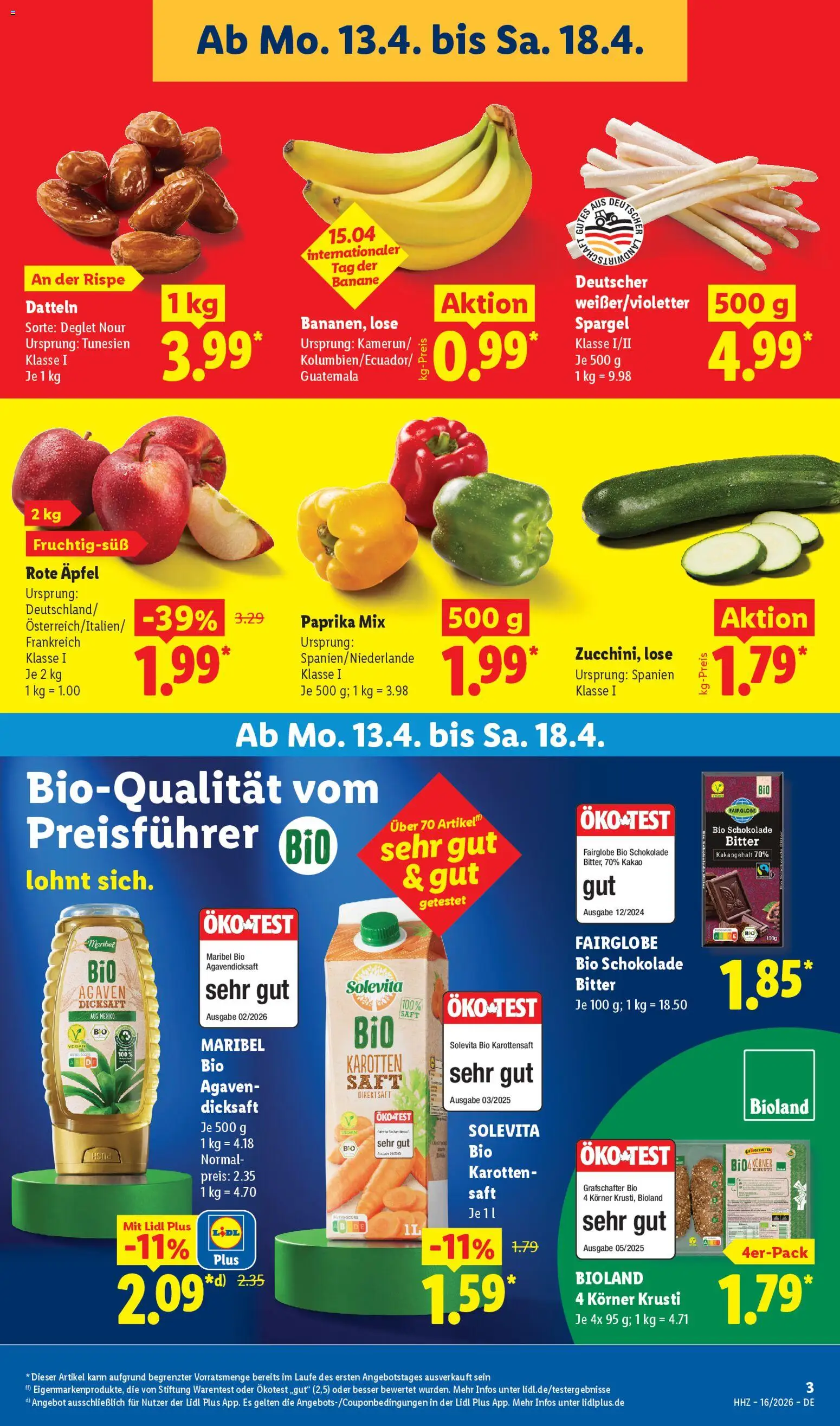 Lidl Prospekt – gültig ab 13.04.2026 | Seite: 9 | Produkte: Schokolade, Äpfel, Spargel, Saft