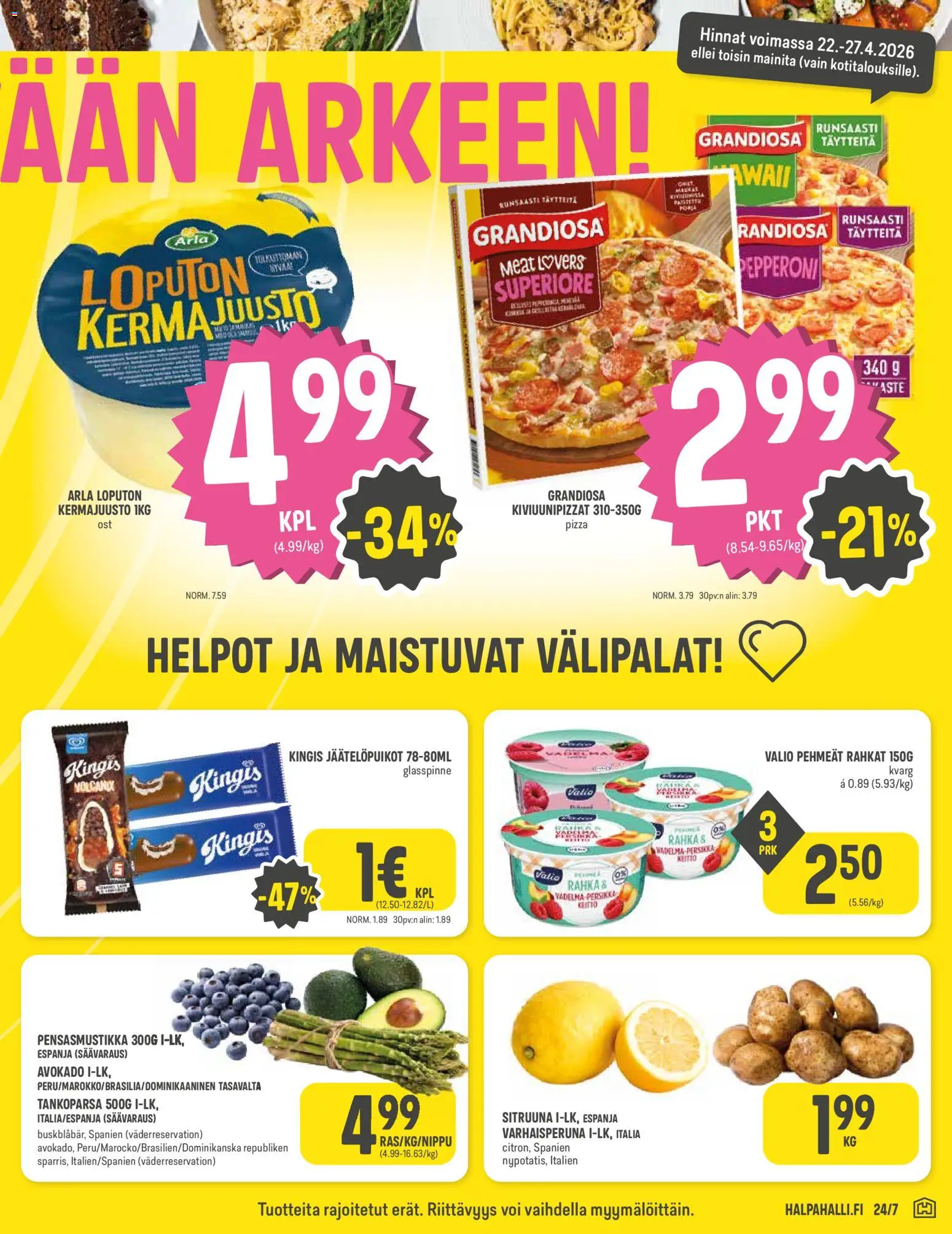 Halpa Halli tarjoukset – voimassa 22.04.2026 alkaen | Sivu: 3 | Tuotteet: Voi, Juusto, Persikka, Pizza