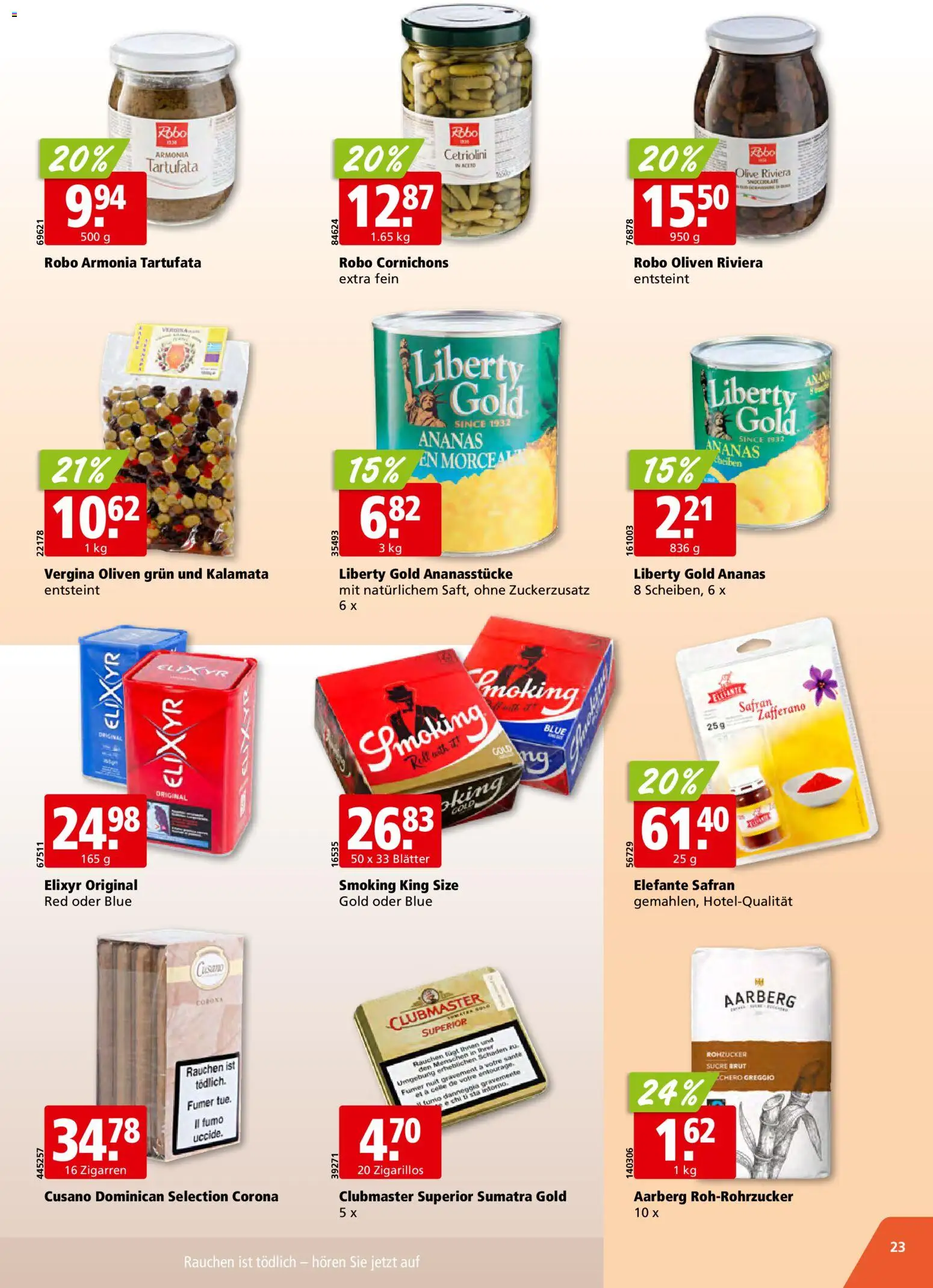 Aligro Aktionen Schlieren, Gossau SG, Frauenfeld, Rapperswil-Jona, Sargans, Bern, Brüttisellen, Pratteln, Emmen, Spreitenbach – gültig ab 19.01.2026 | Seite: 23 | Produkte: Smoking, Ananas
