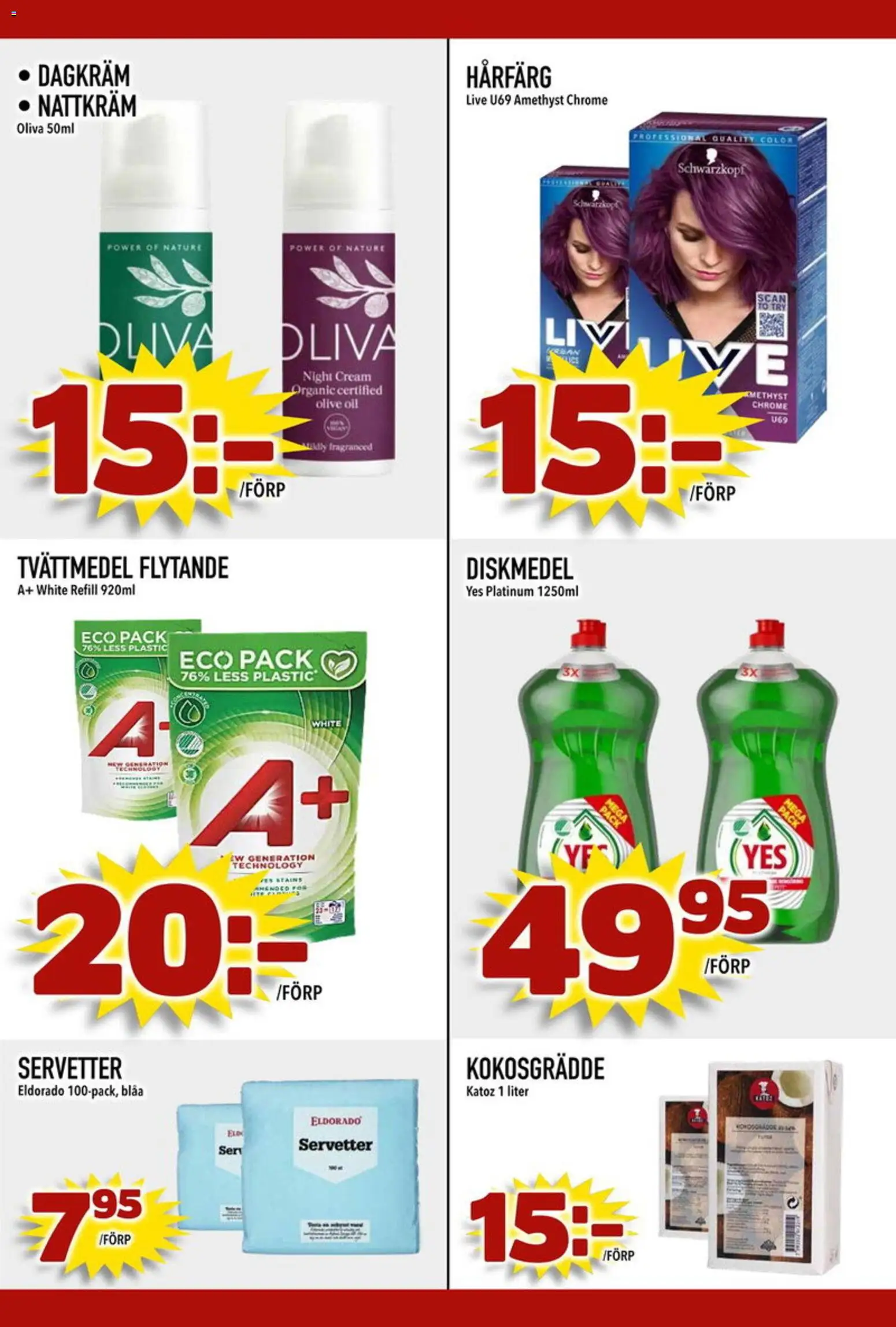 Din Mat reklamblad aktuell från 13.04.2026 | Sida: 3 | Produkter: Hårfärg, Tvättmedel, Nattkräm, Servetter
