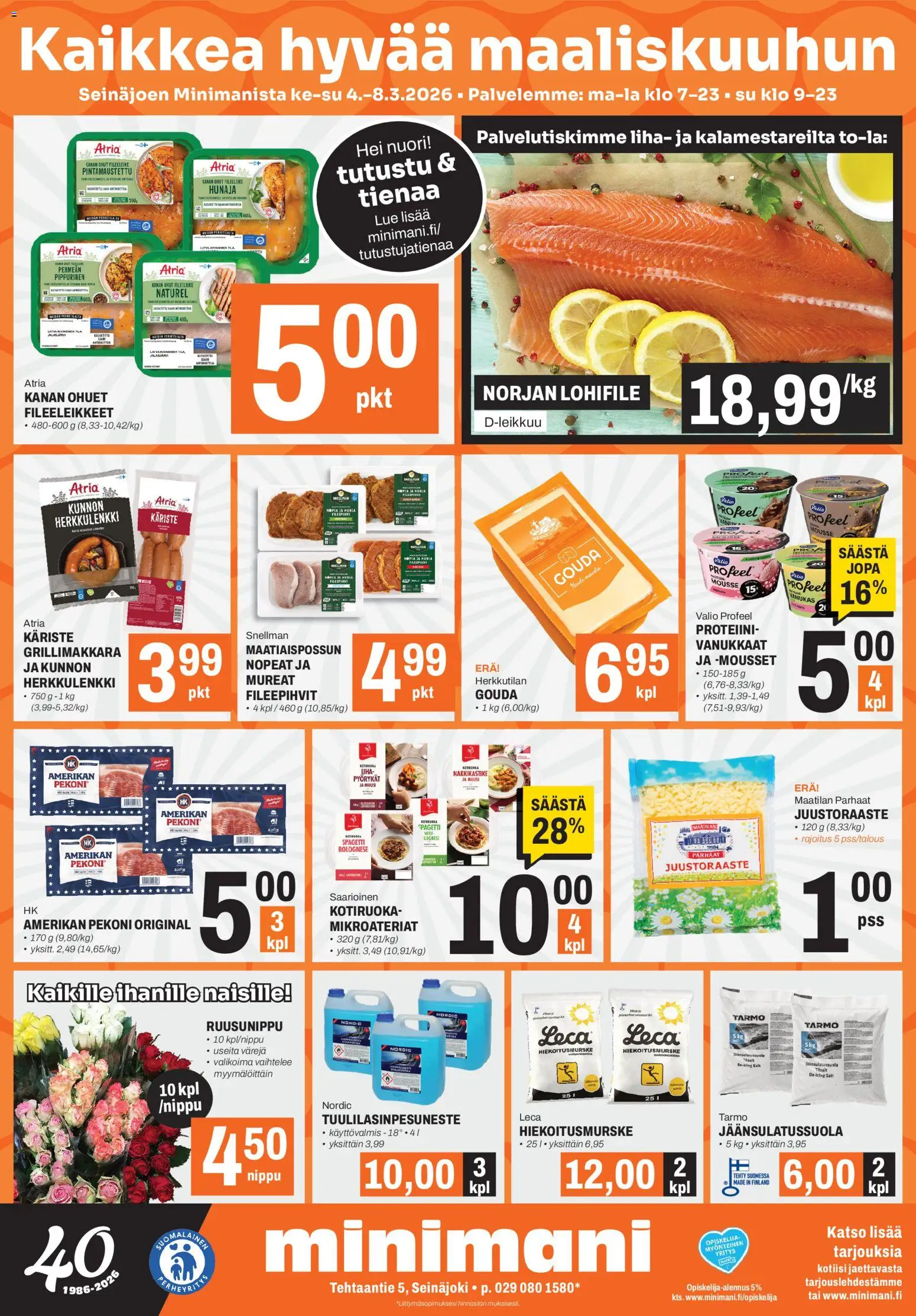 Minimani Tarjoukset - Seinäjoki – voimassa 04.03.2026 alkaen | Sivu: 1 | Tuotteet: Mousse, Spagetti, Pekoni, Grillimakkara