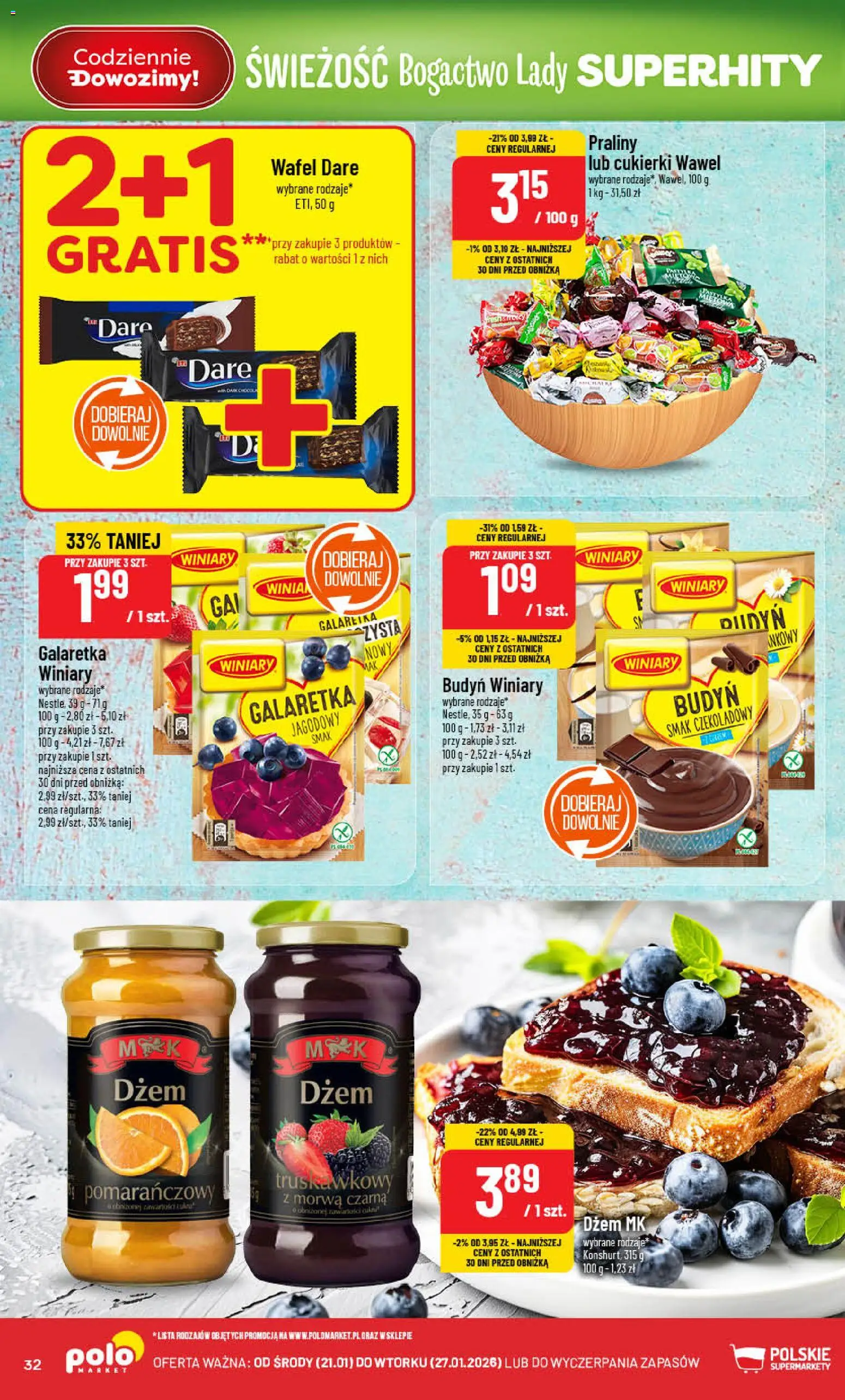 POLOmarket Gazetka od 21.01.2026 | Strona: 32 | Produkty: Galaretka, Praliny, Dżem, Cukierki